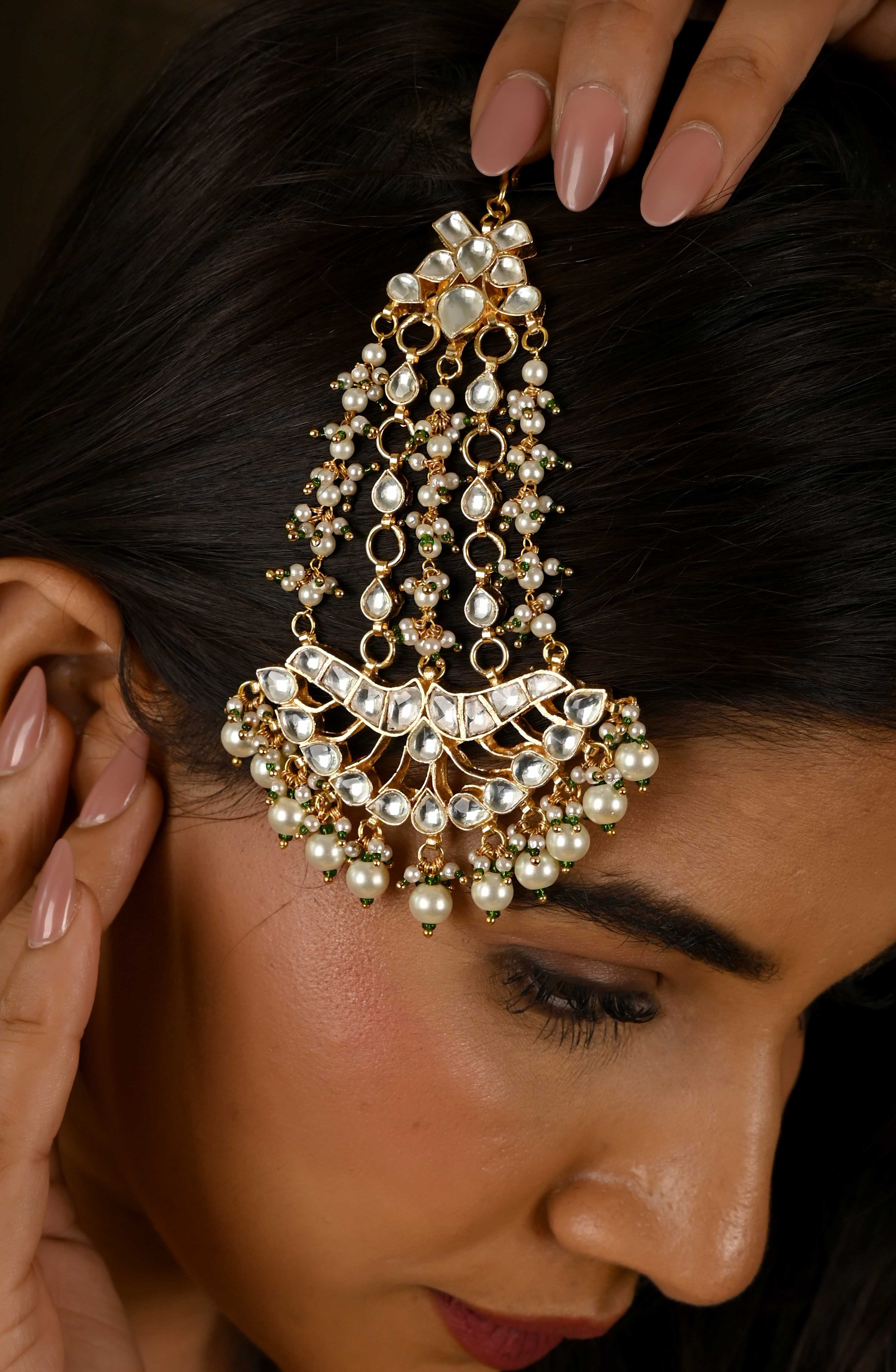 Gold plated Kundan Pasa in pearl drops
