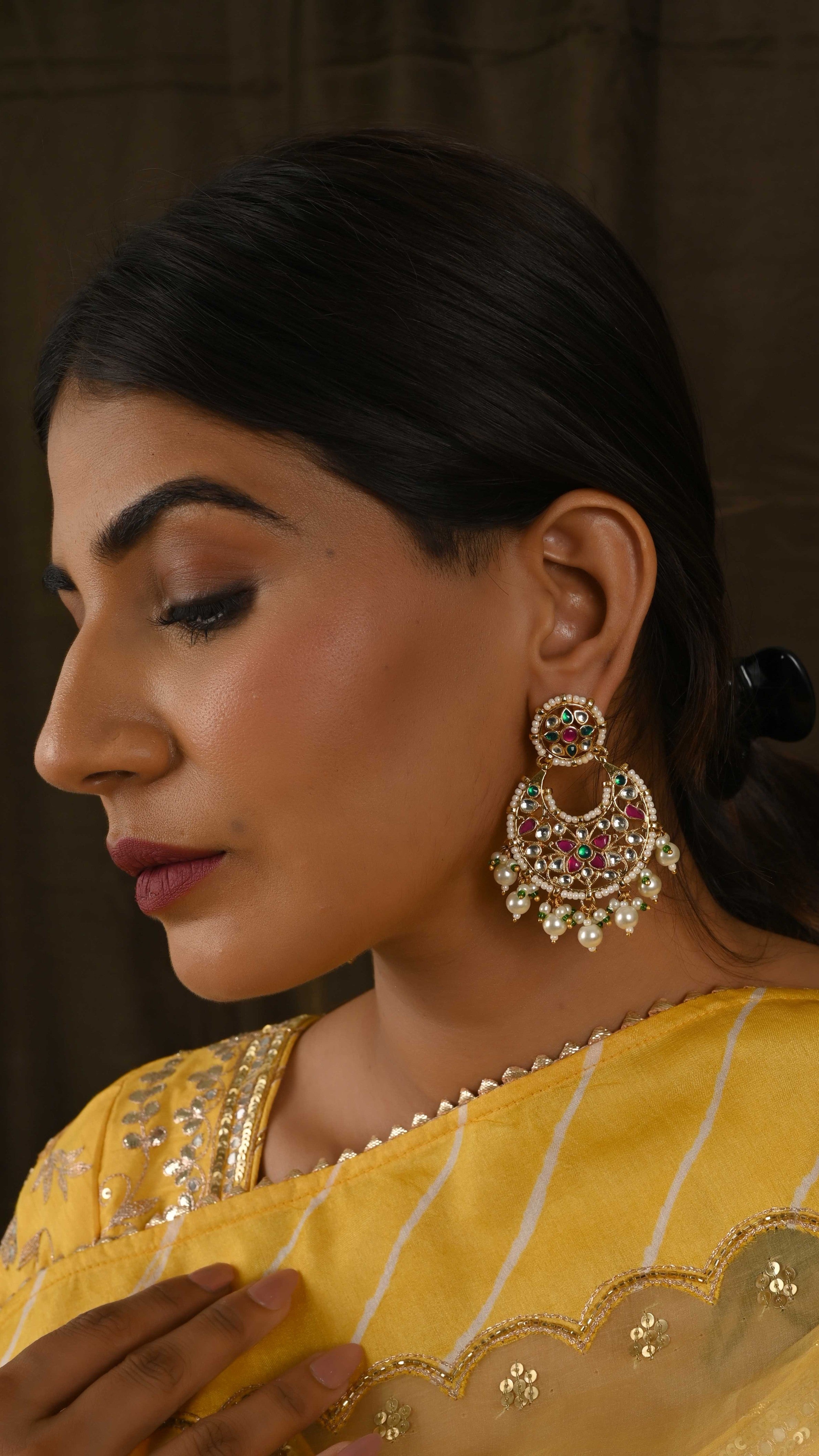 Gold plated Kundan Chandbaali Earring