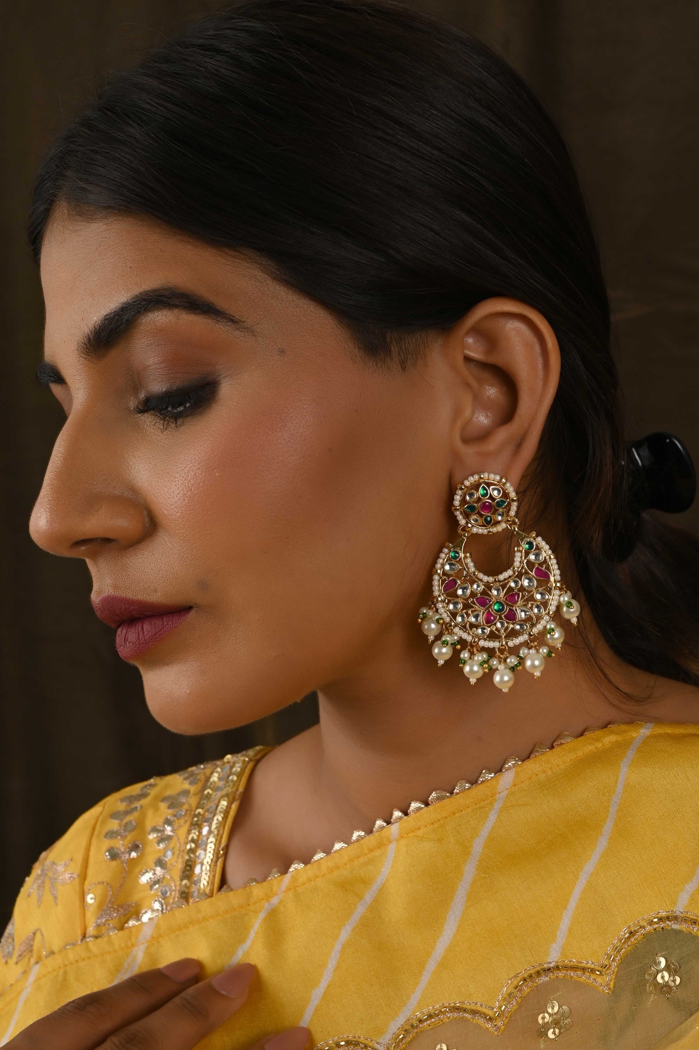 Gold plated Kundan Chandbaali Earring