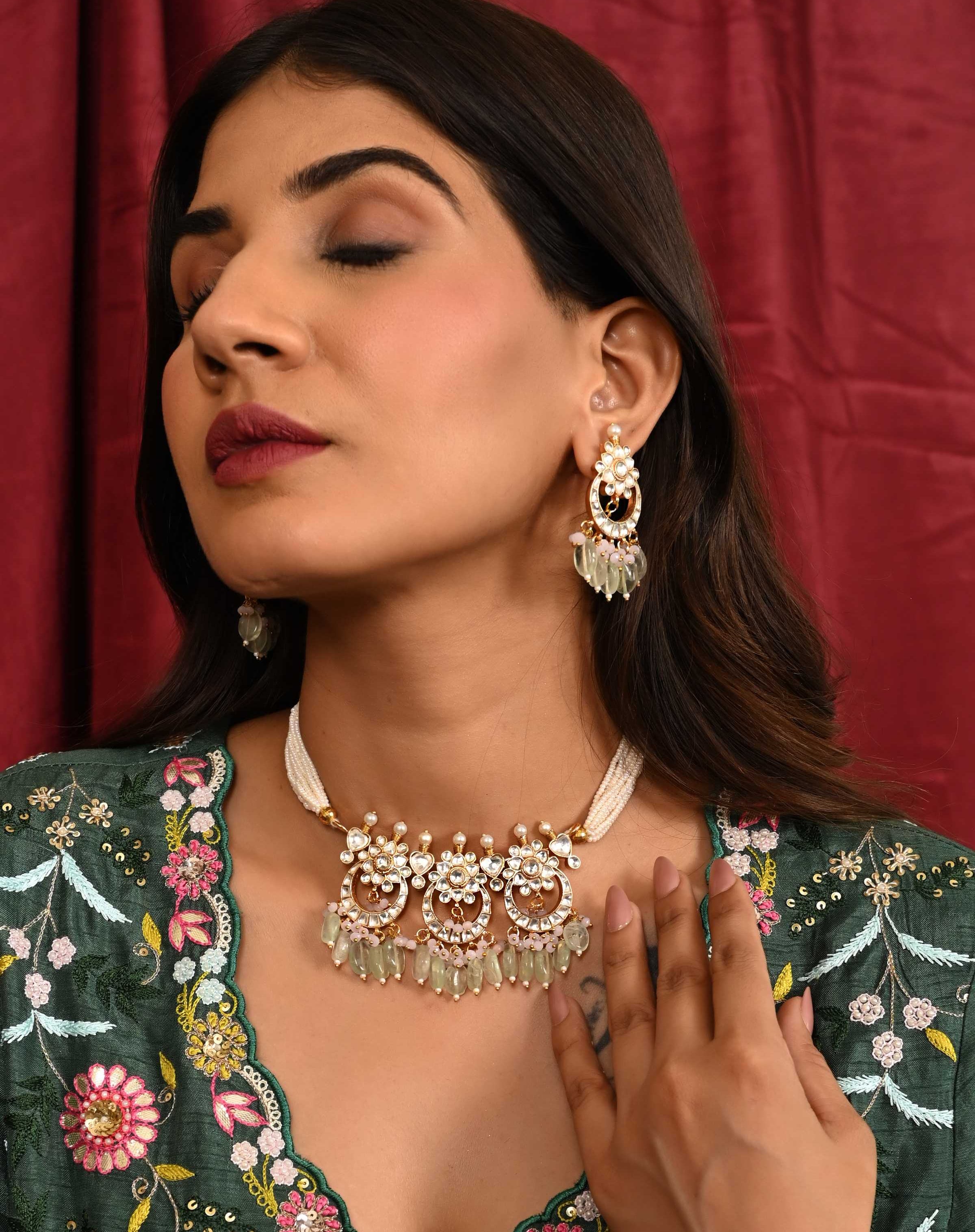 Gold plated Kundan choker set in mint drops