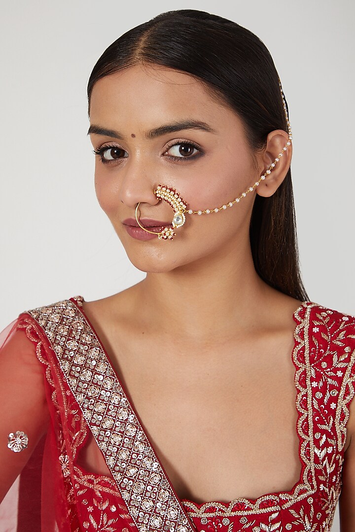 Gold Plated Kundan Nose Ring (Red)