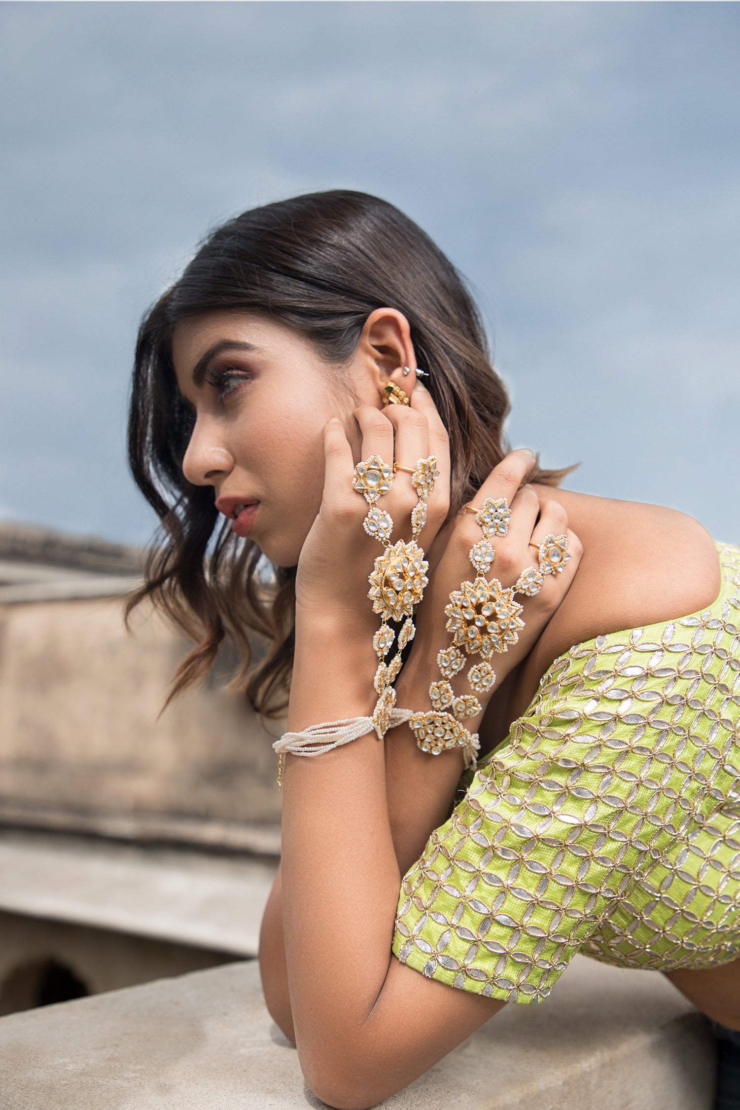 Gold plated Kundan Pearl Hathphool