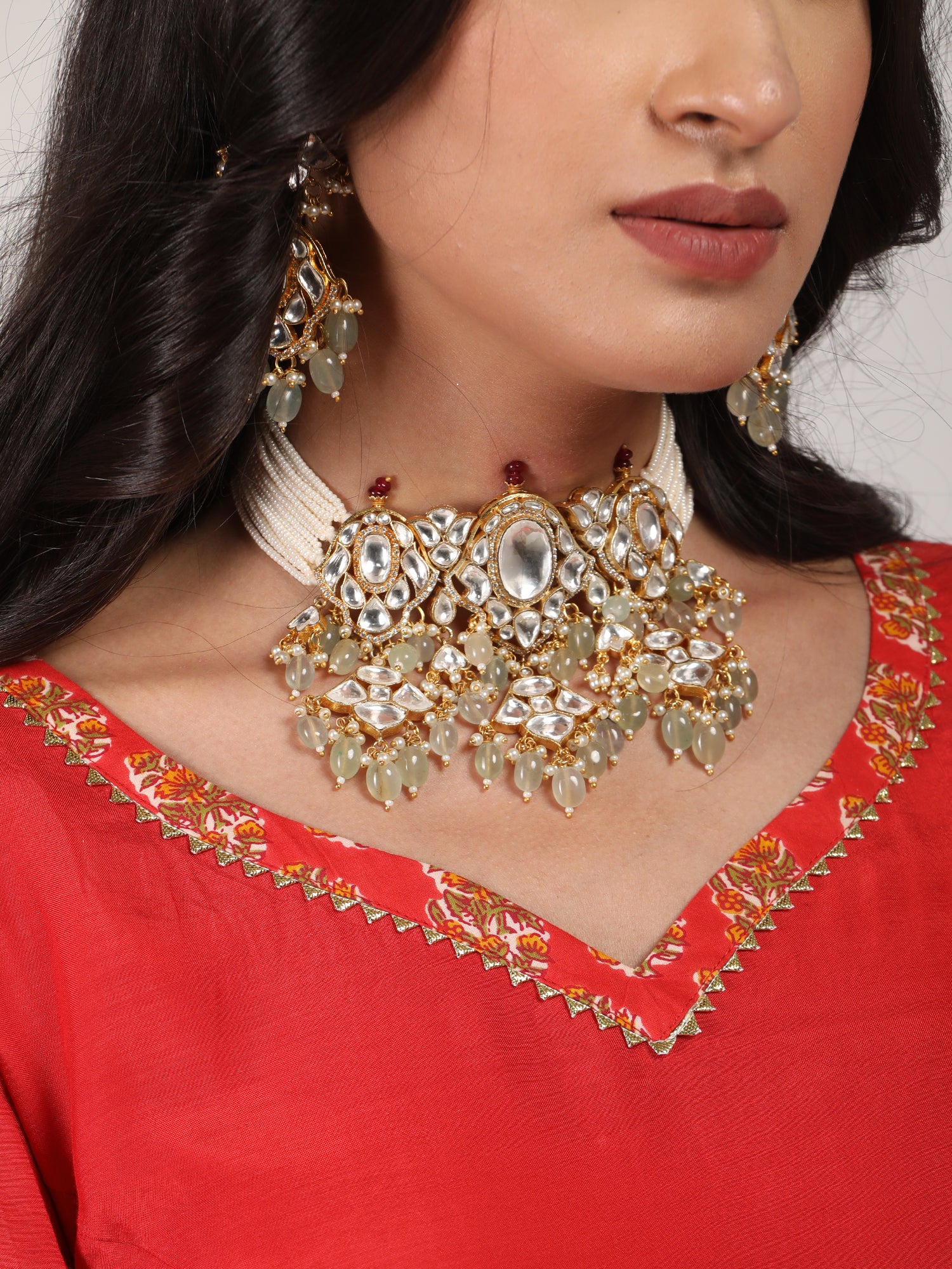 Gold plated Kundan Choker Set in Mint drops