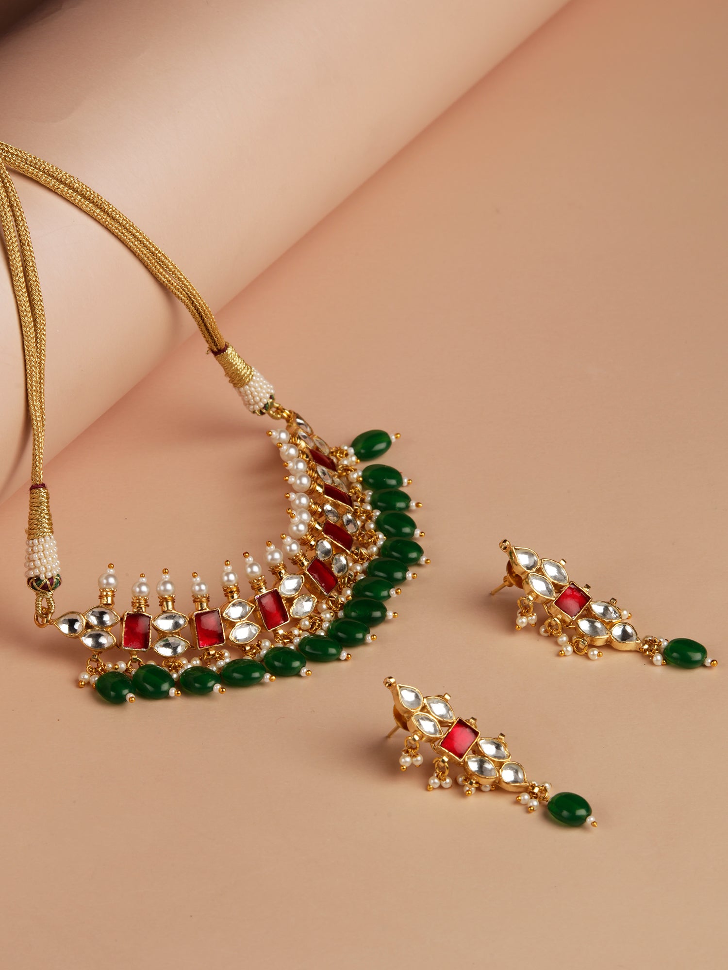 Gold plated kundan choker set with Green Drops