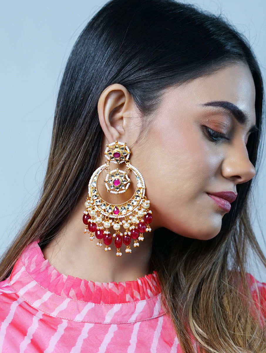Gold Plated Kundan Earrings in pink drops