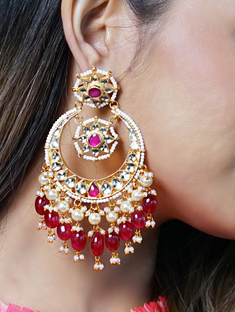 Gold Plated Kundan Earrings in pink drops