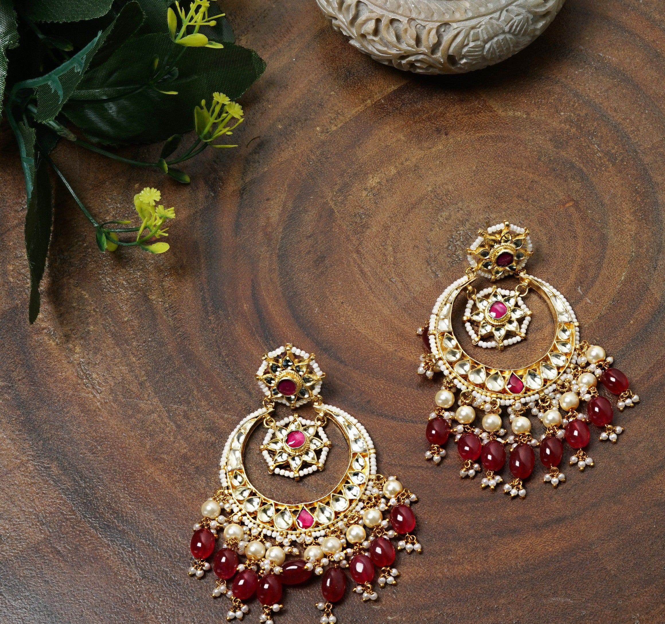 Gold Plated Kundan Earrings in pink drops