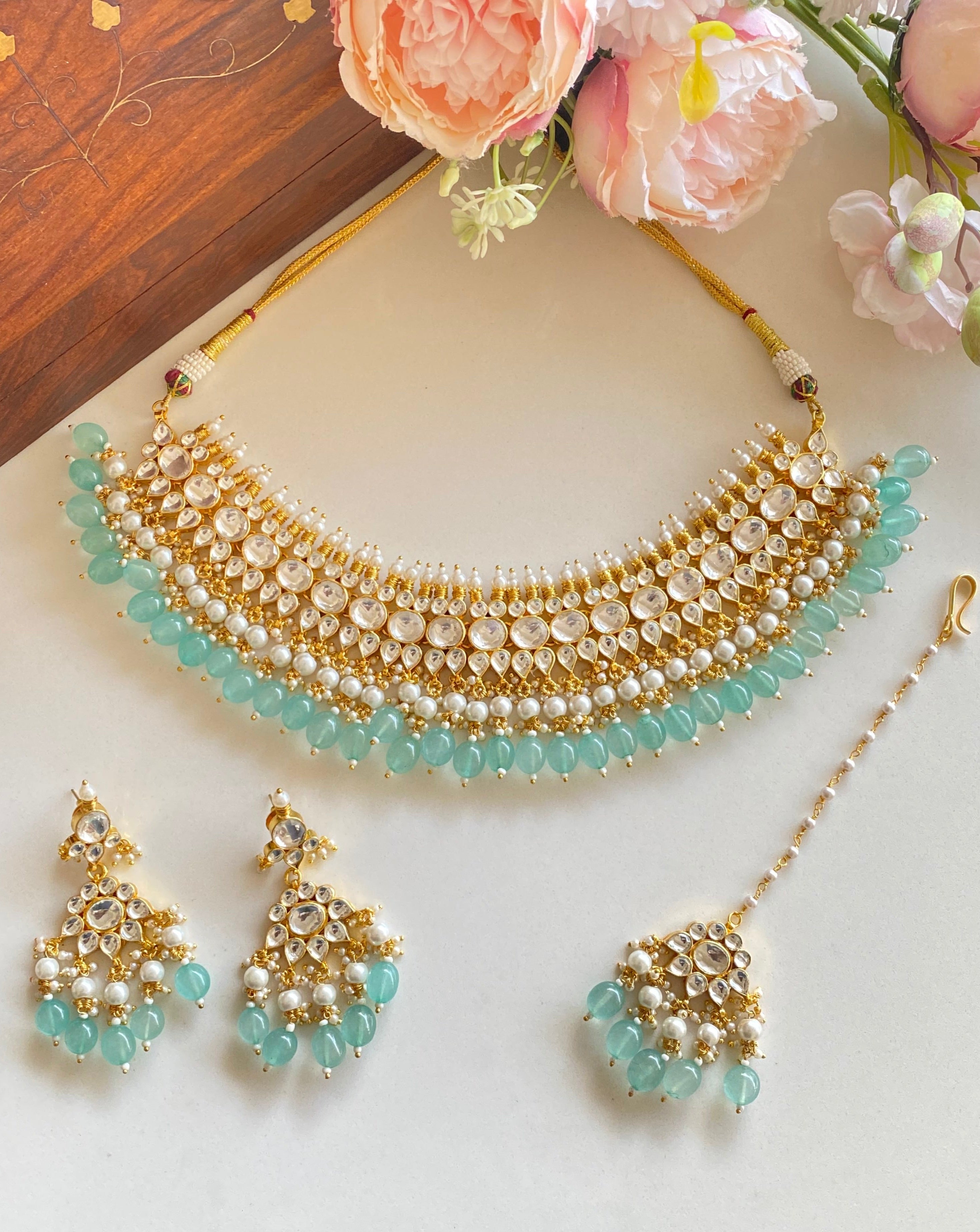 Kundan Gold plated necklace set with mint Drops