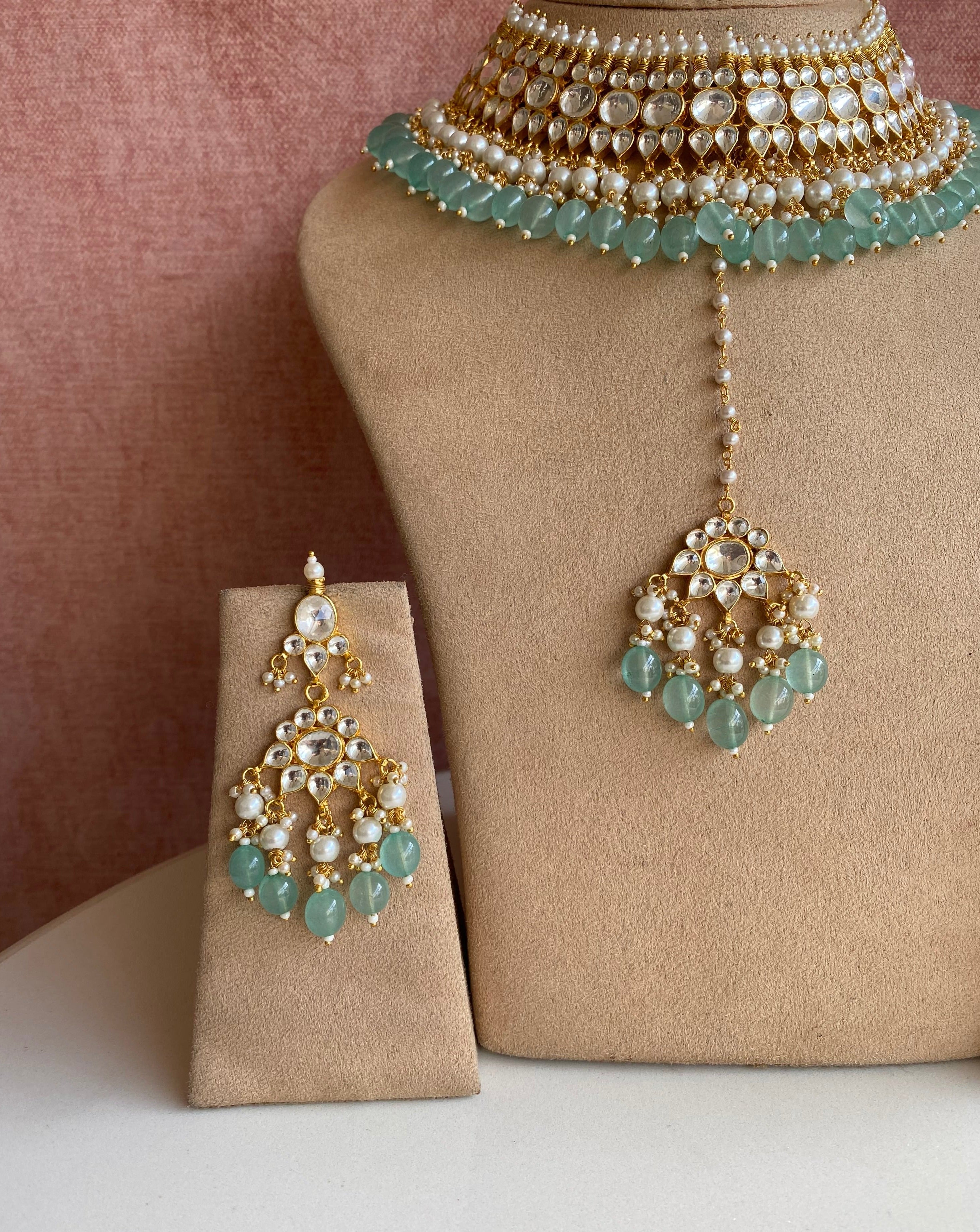 Kundan Gold plated necklace set with mint Drops
