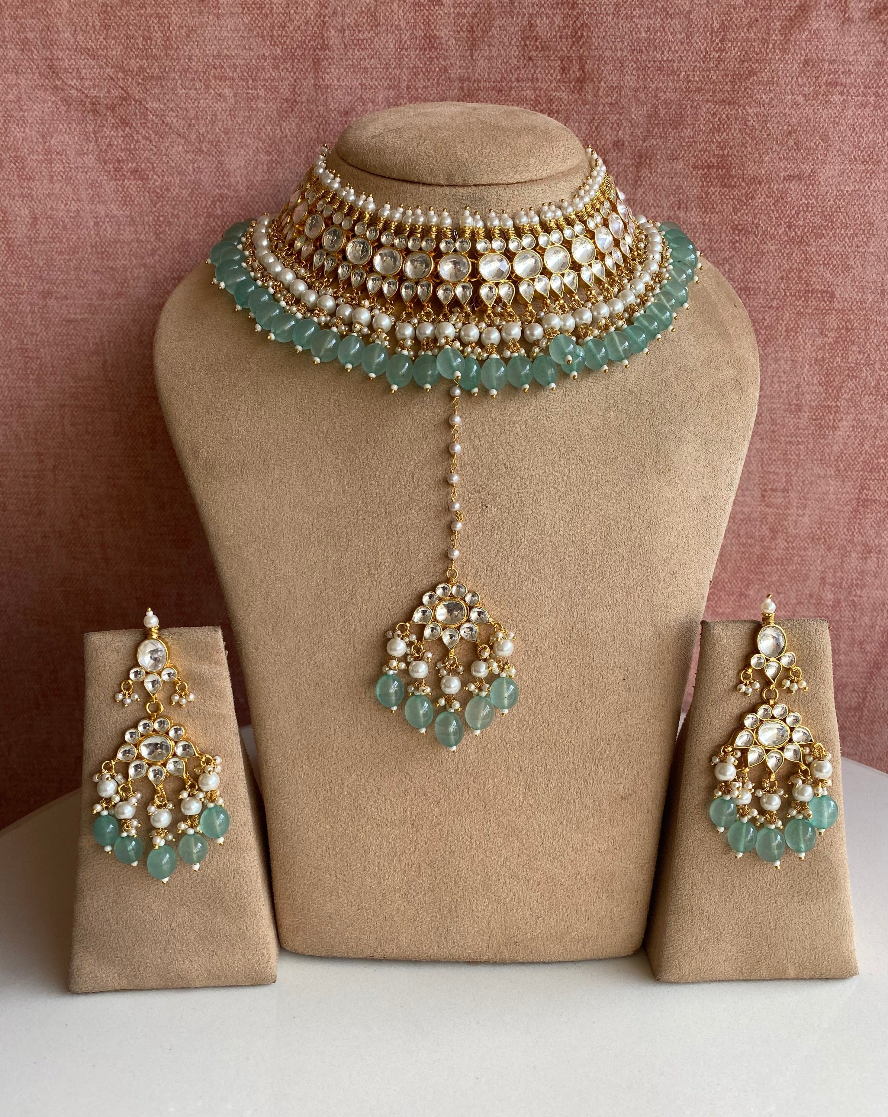 Kundan Gold plated necklace set with mint Drops