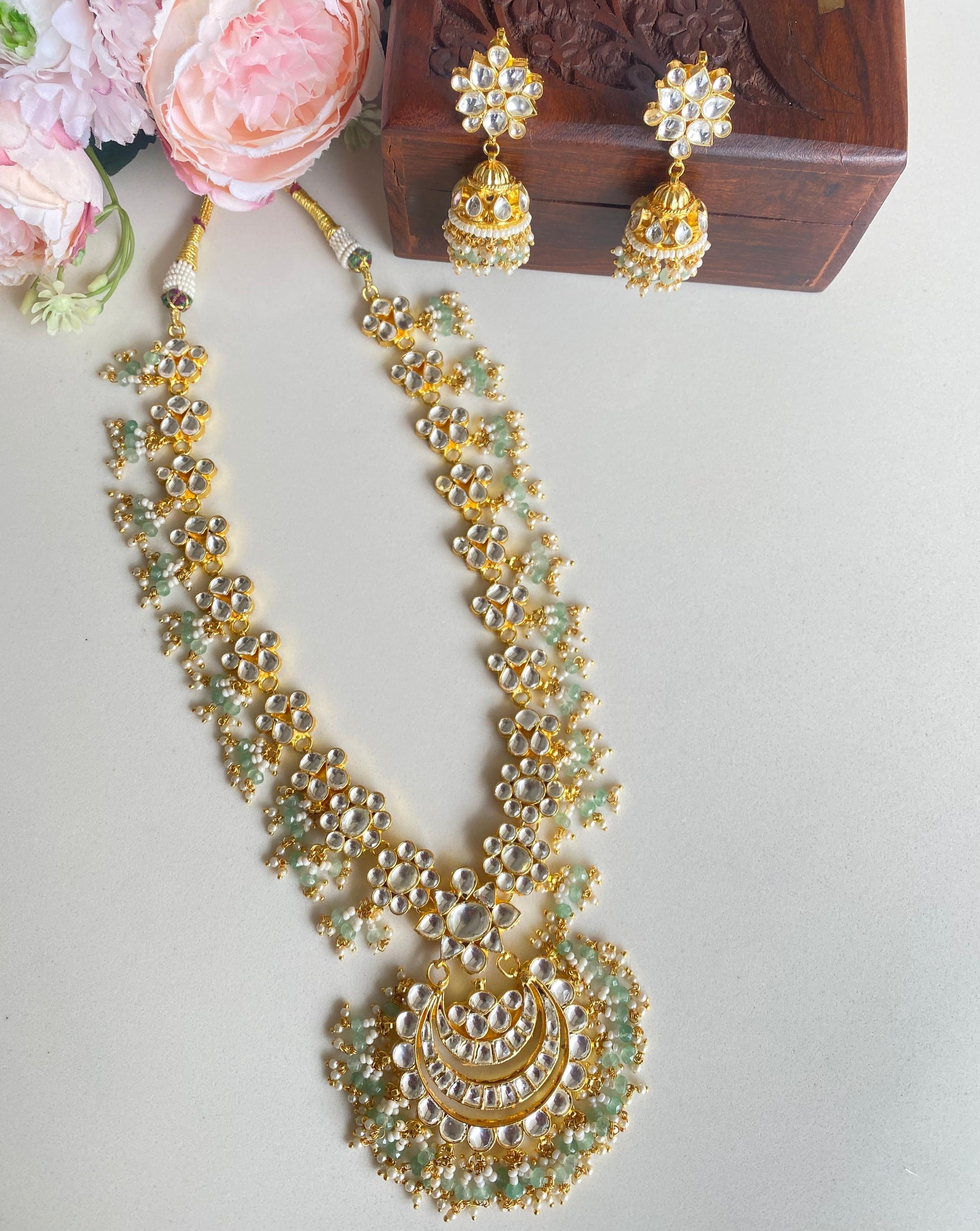 Gold Plated Kundan long set with Jhumka