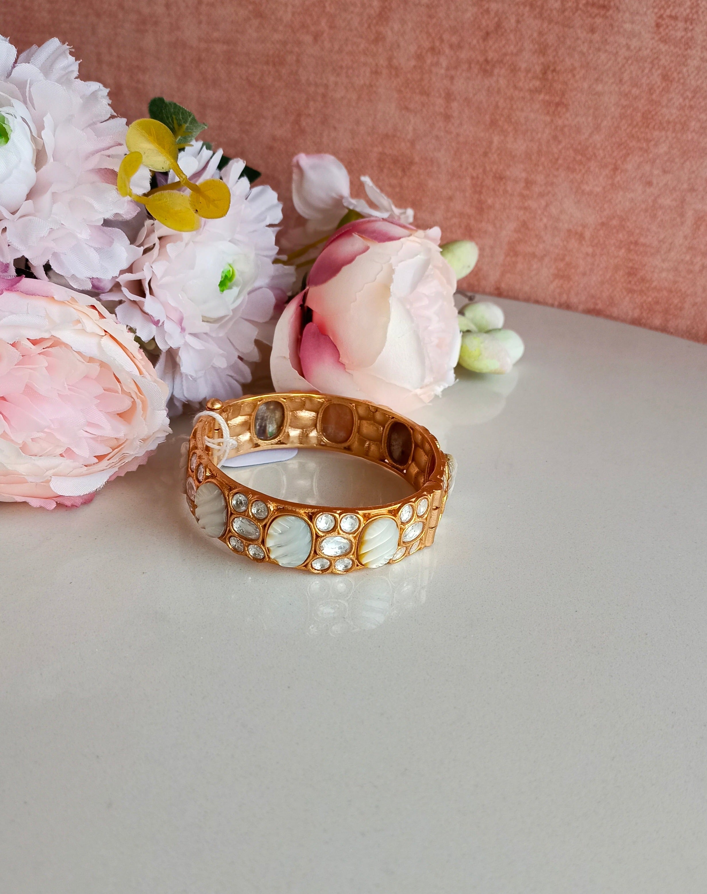 Gold plated Kundan and mother of pearl Kada