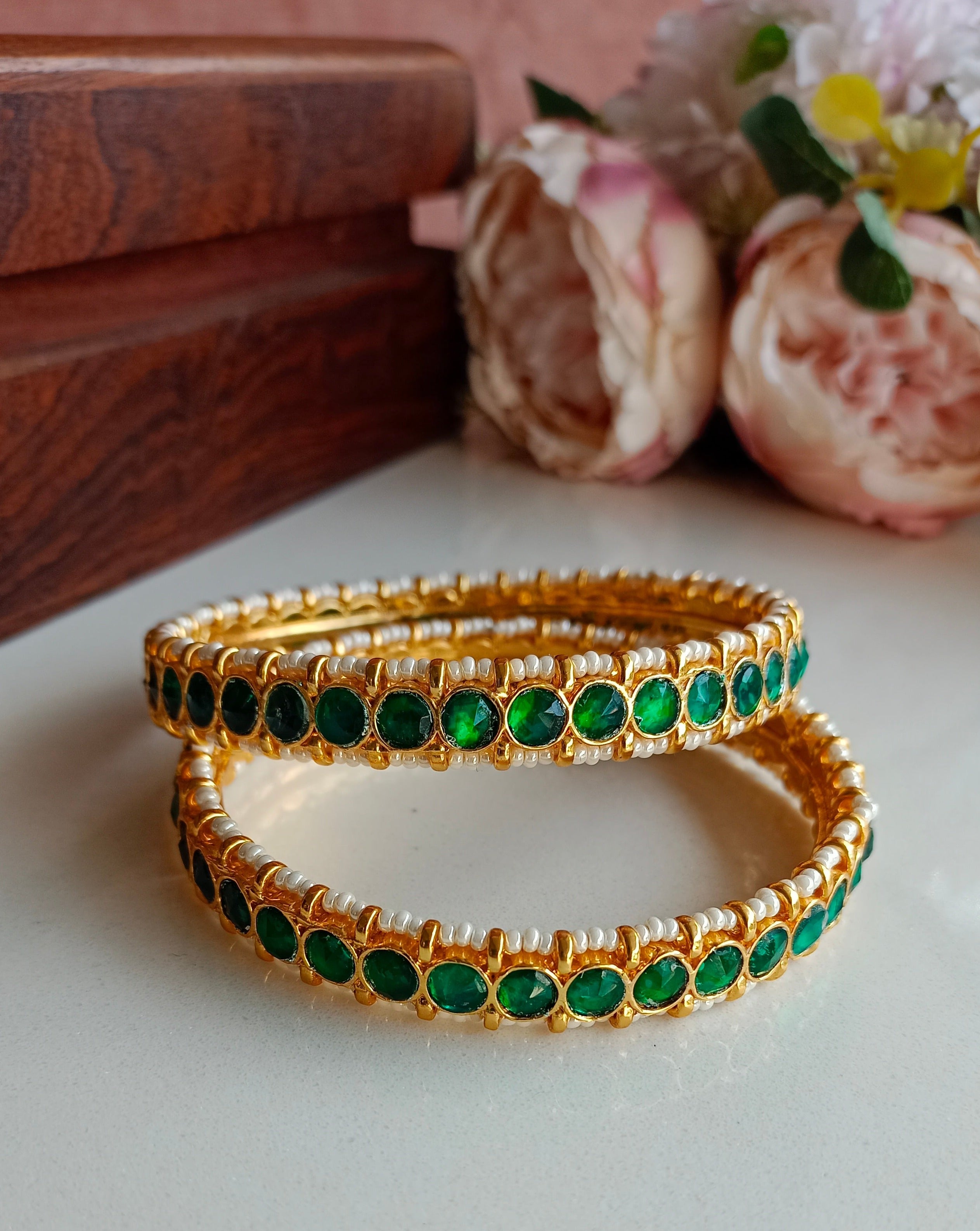 Gold plated Green Kundan Bangles