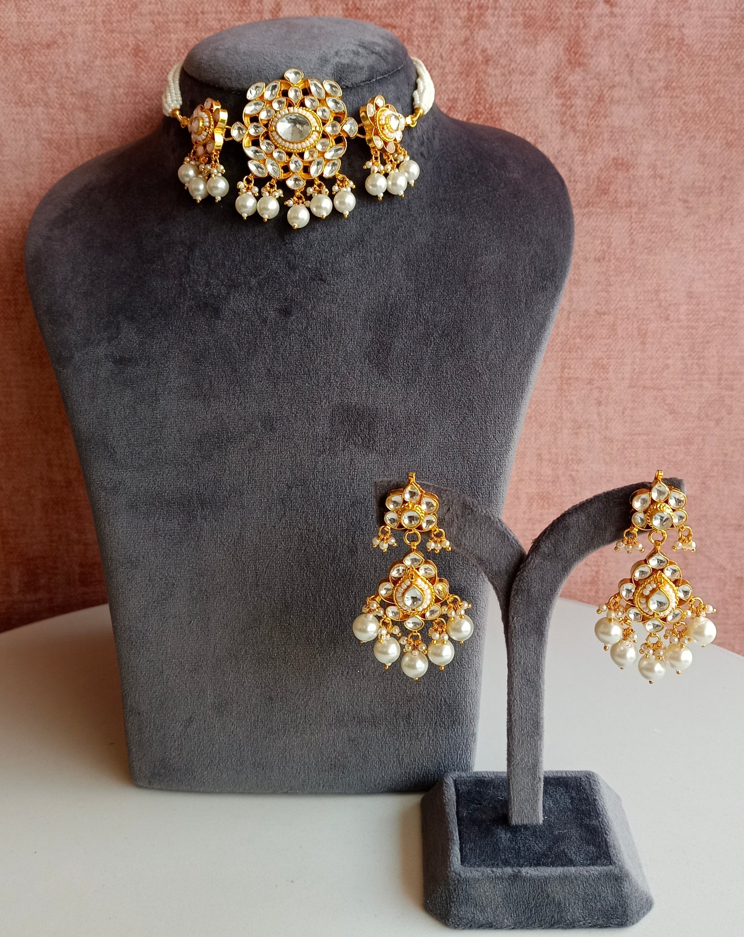 Gold plated Kundan choker Set with pearl Drops