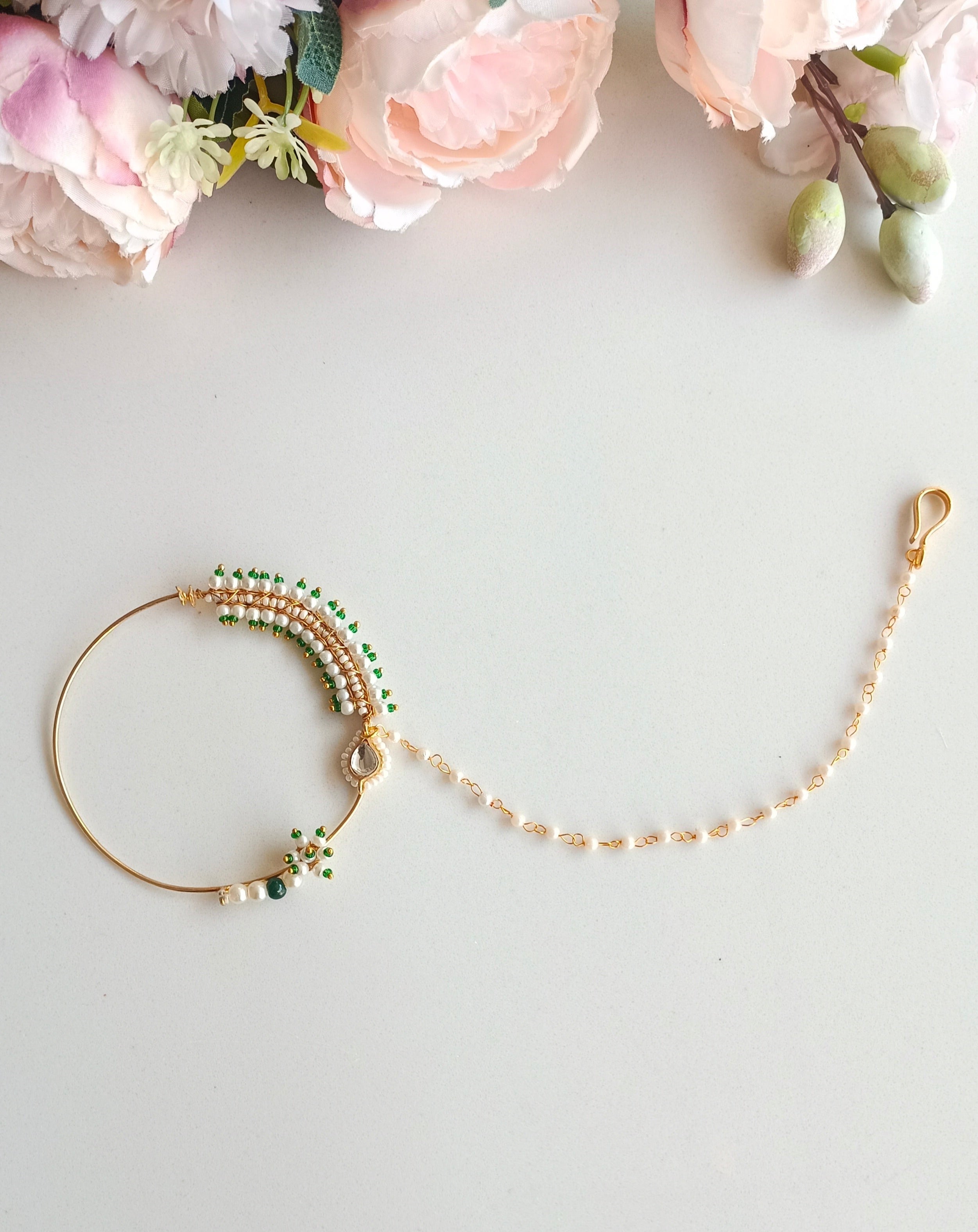 Gold plated Kundan Nose Ring (Green)