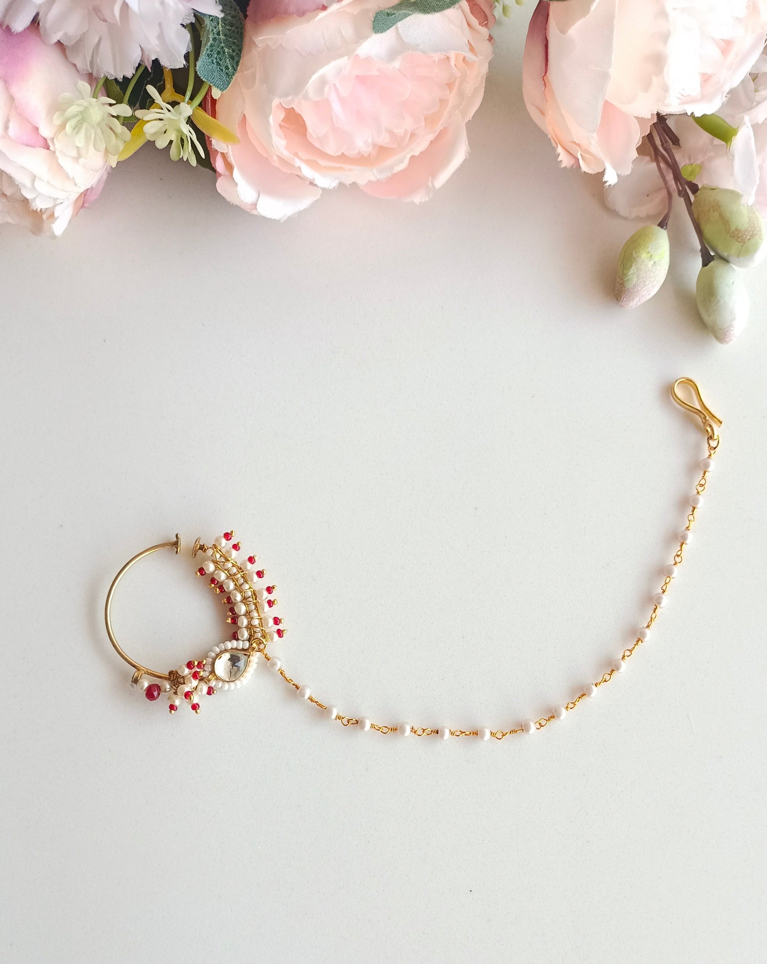 Gold Plated Kundan Nose Ring (Red)