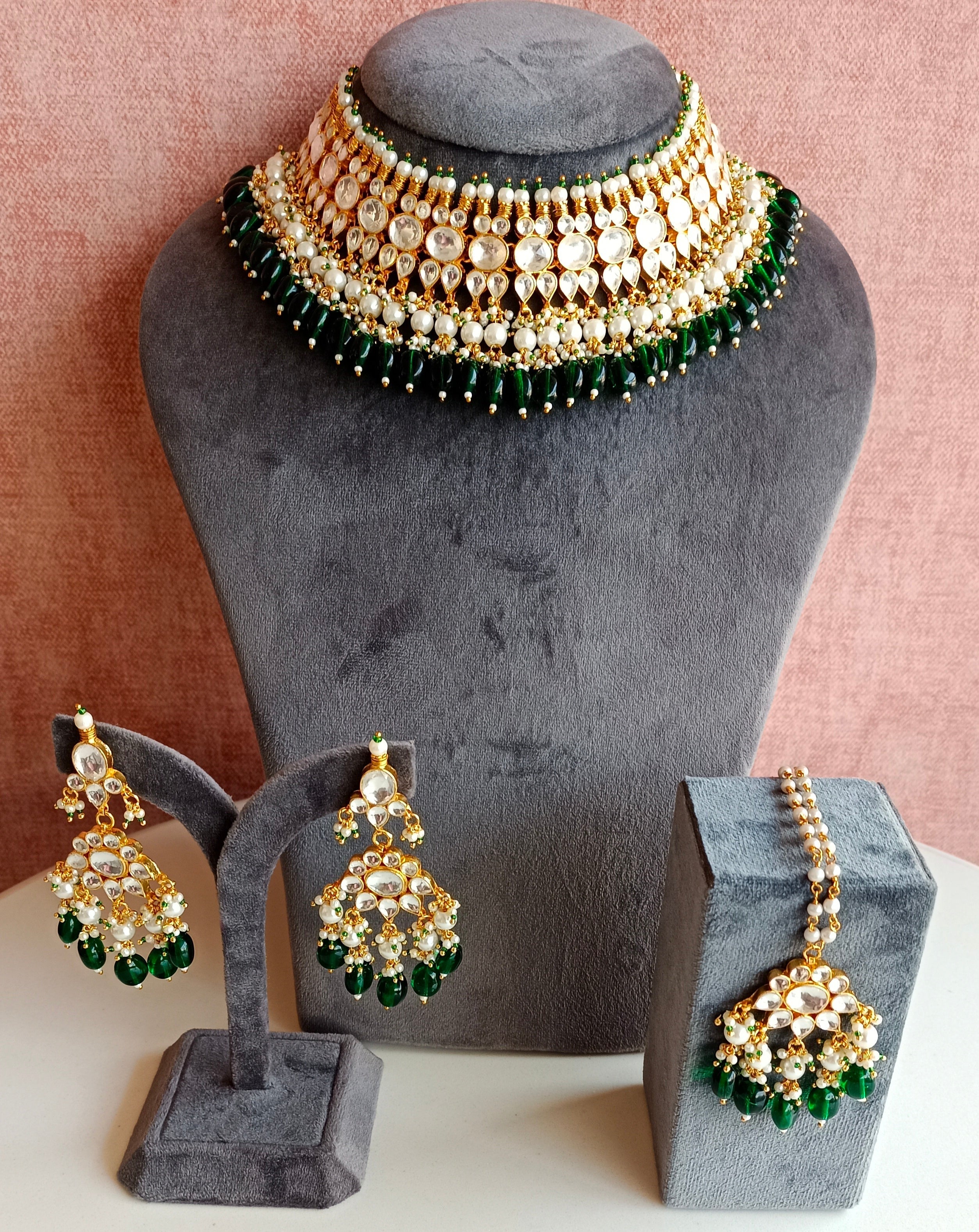 Kundan Bridal necklace set with Green Drops