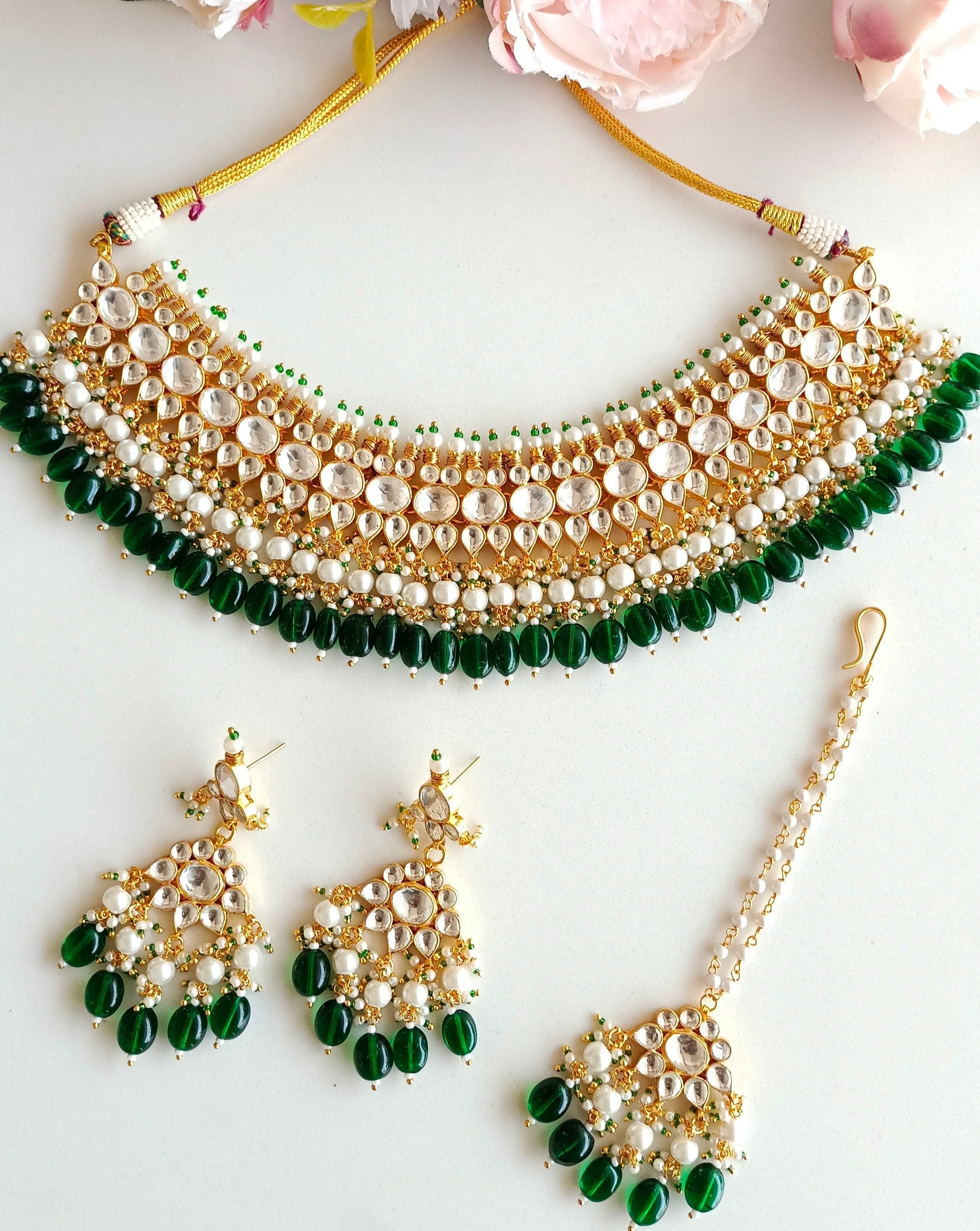Kundan Bridal necklace set with Green Drops