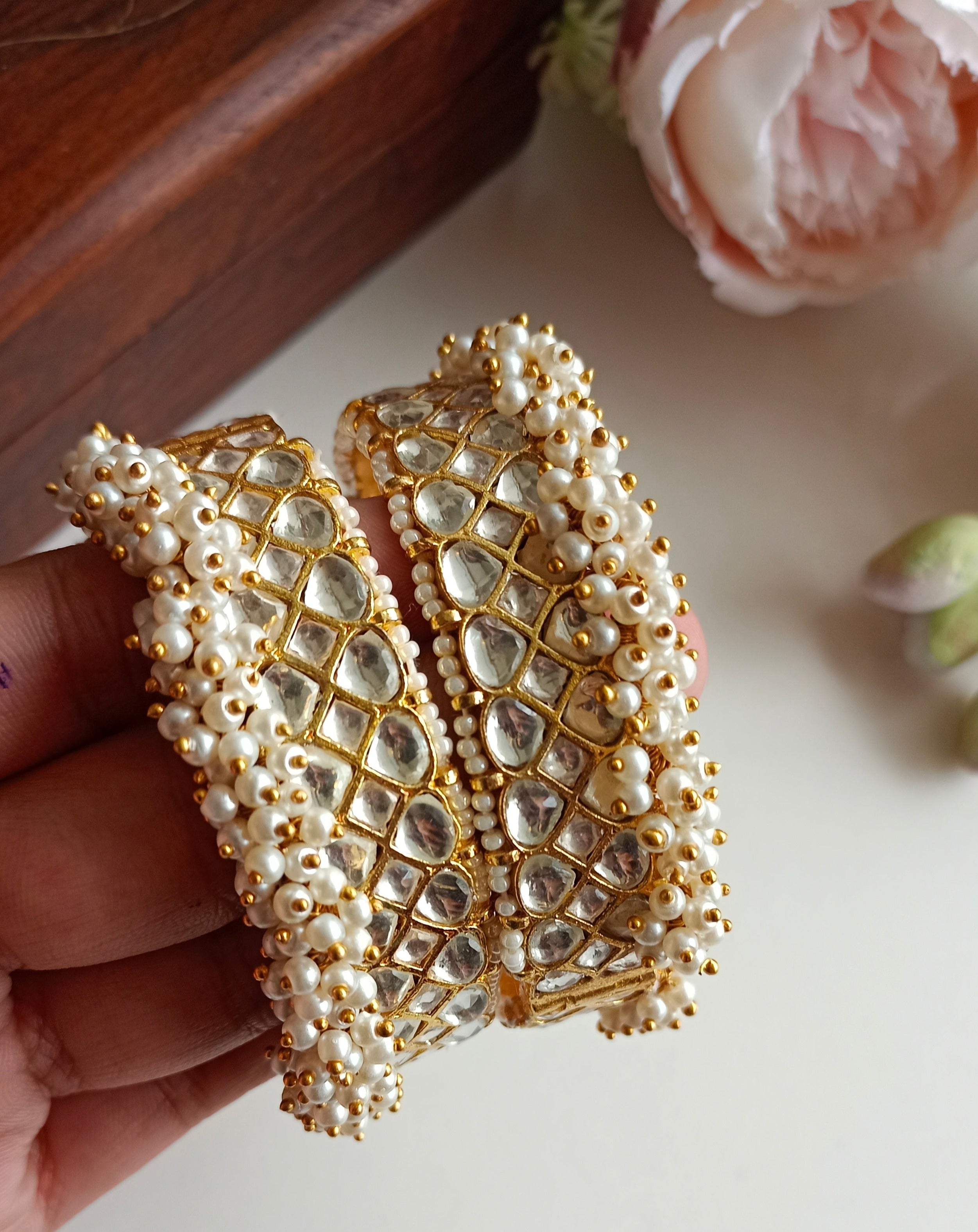 Gold plated Kundan Bangle in pearl detailing