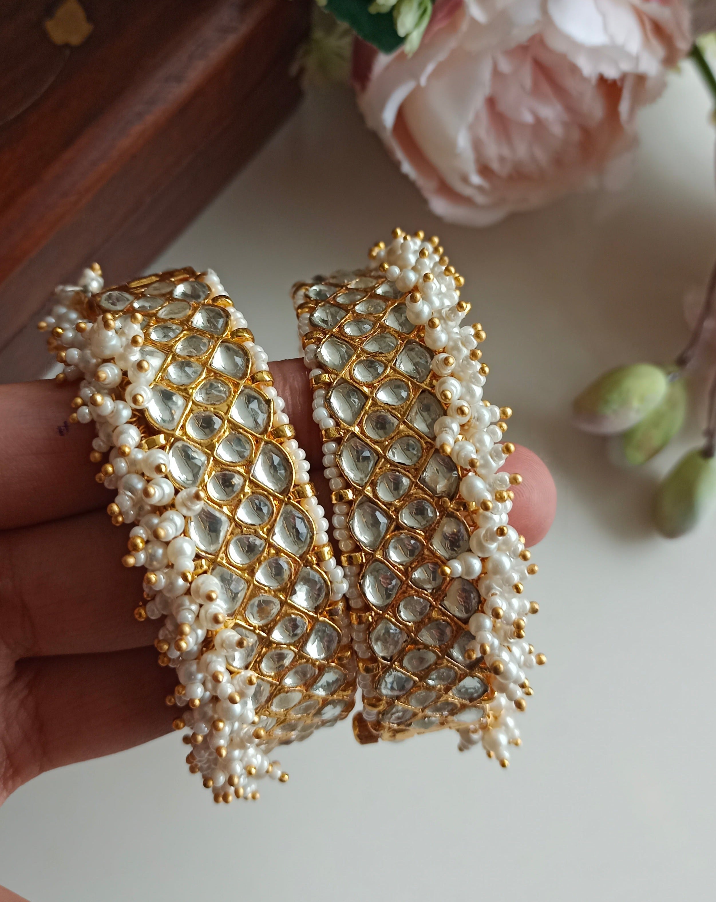 Gold plated Kundan Bangle in pearl detailing