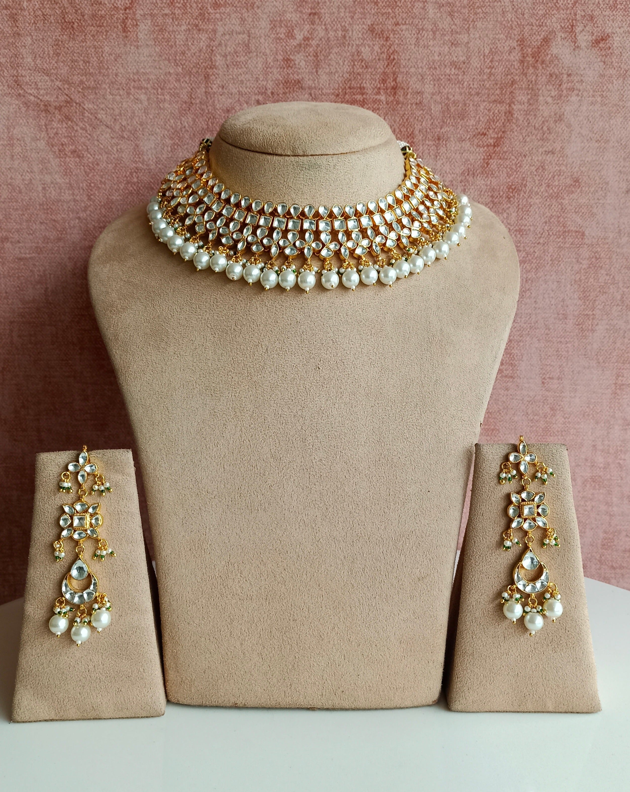 Kundan Gold plated Necklace Set with Pearl Drops
