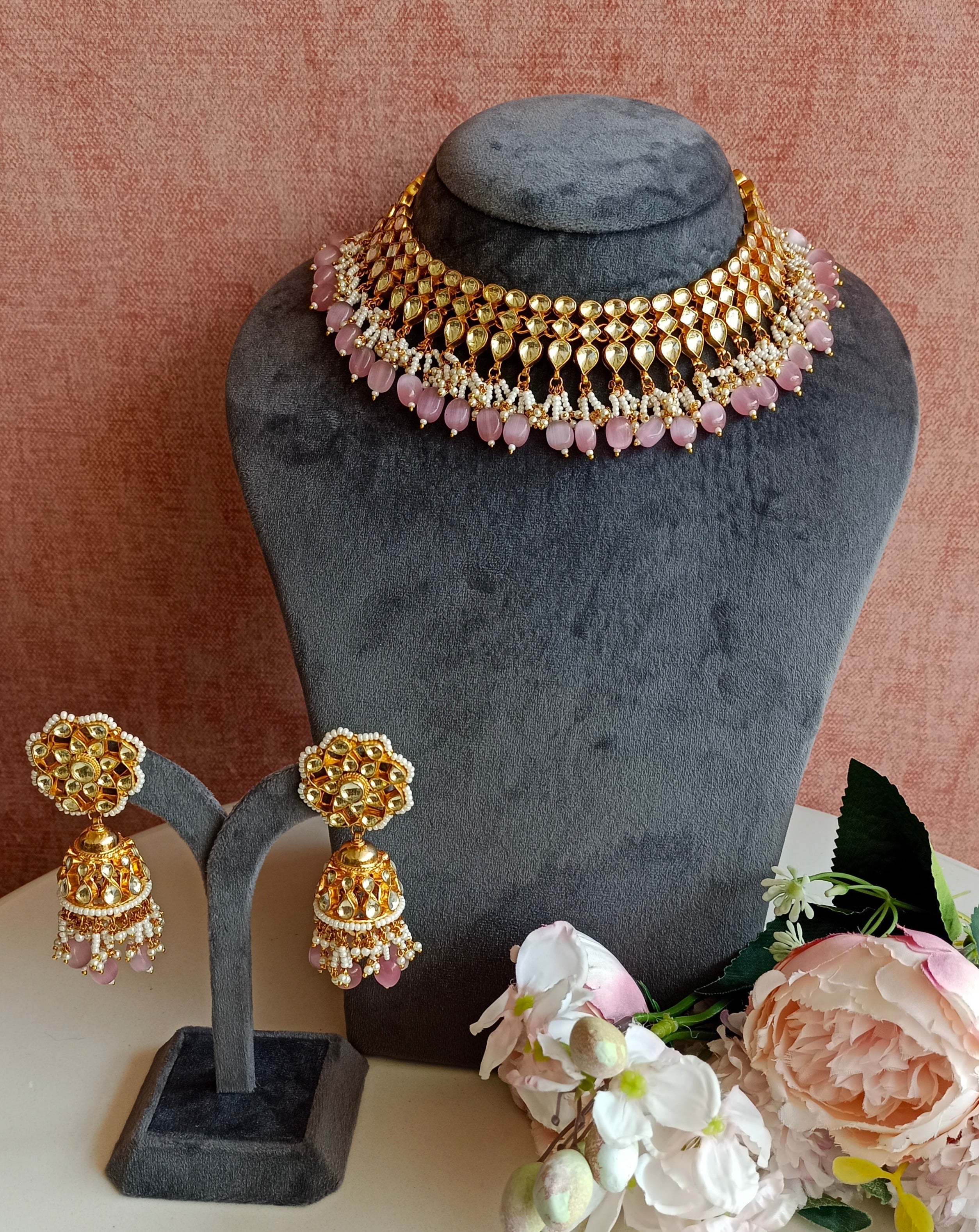 Kundan Gold plated Necklace set in pink drops
