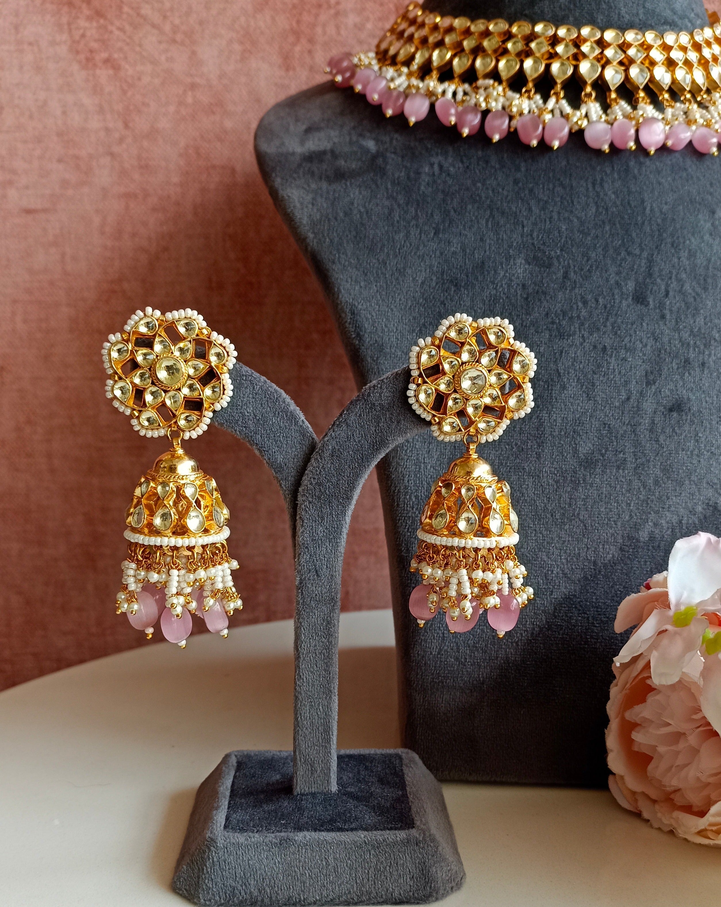 Kundan Gold plated Necklace set in pink drops