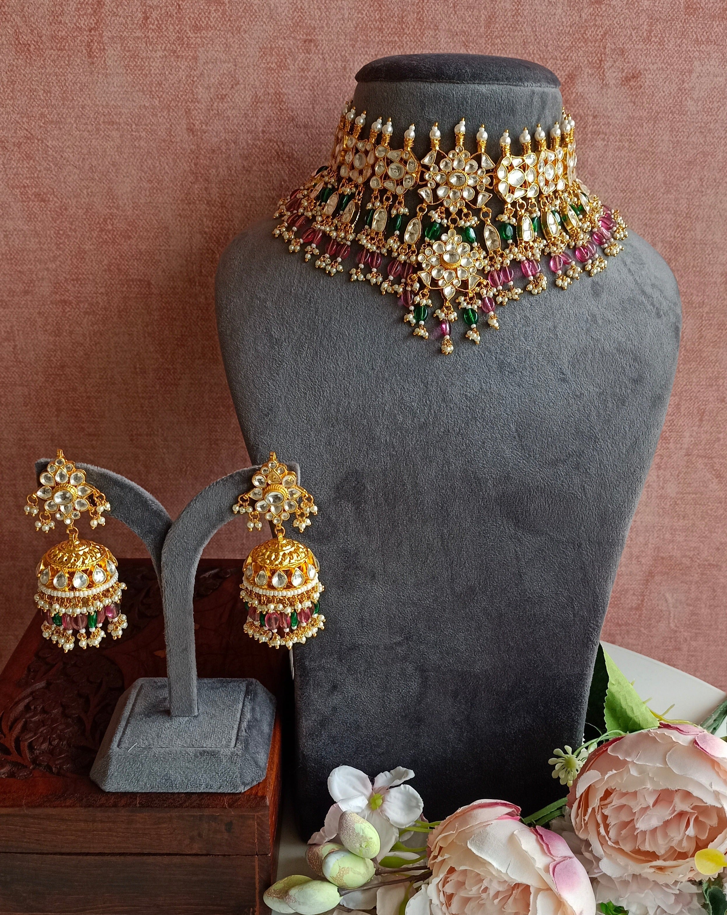 kundan Bridal Necklsce set with pink and green beads