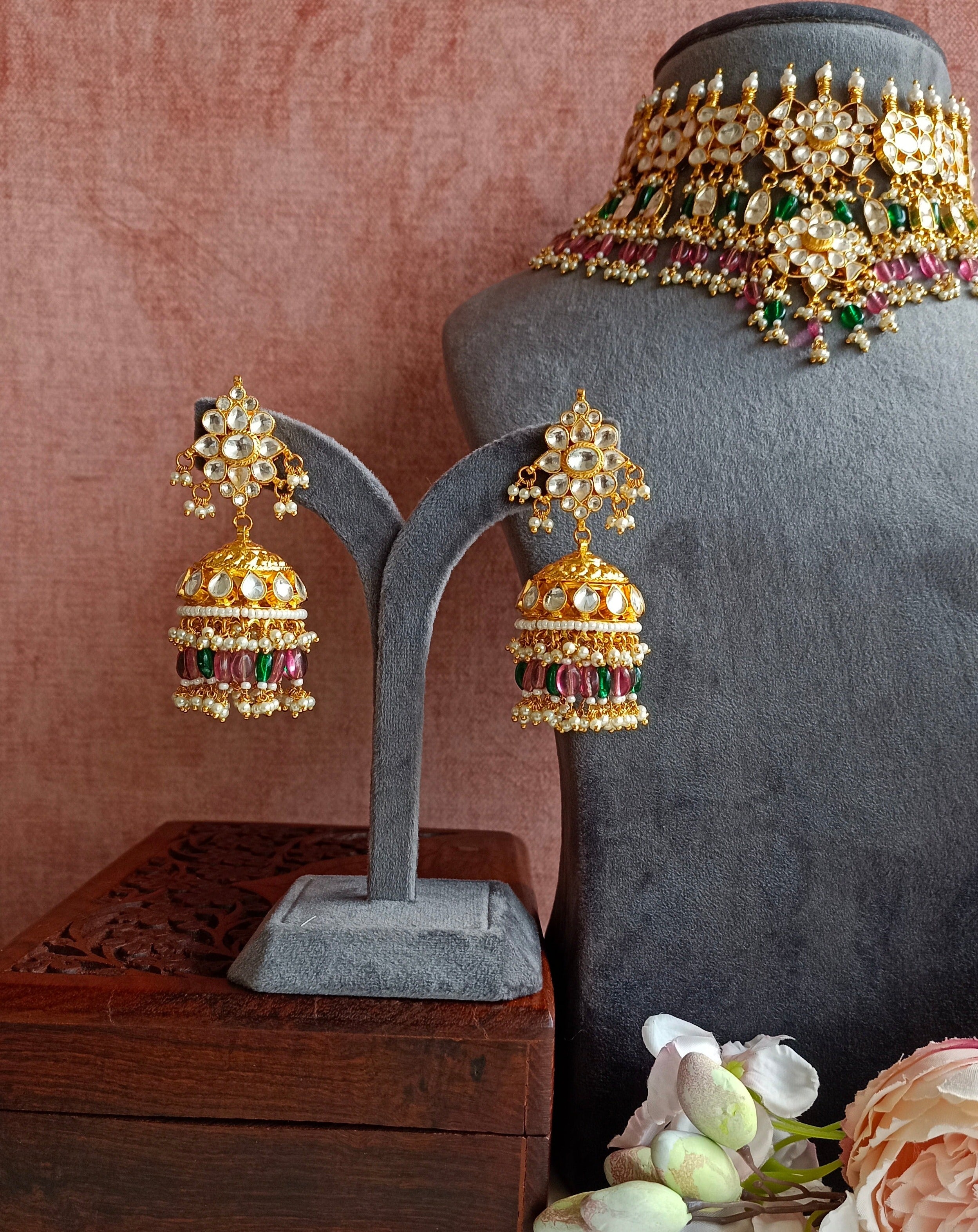 kundan Bridal Necklsce set with pink and green beads