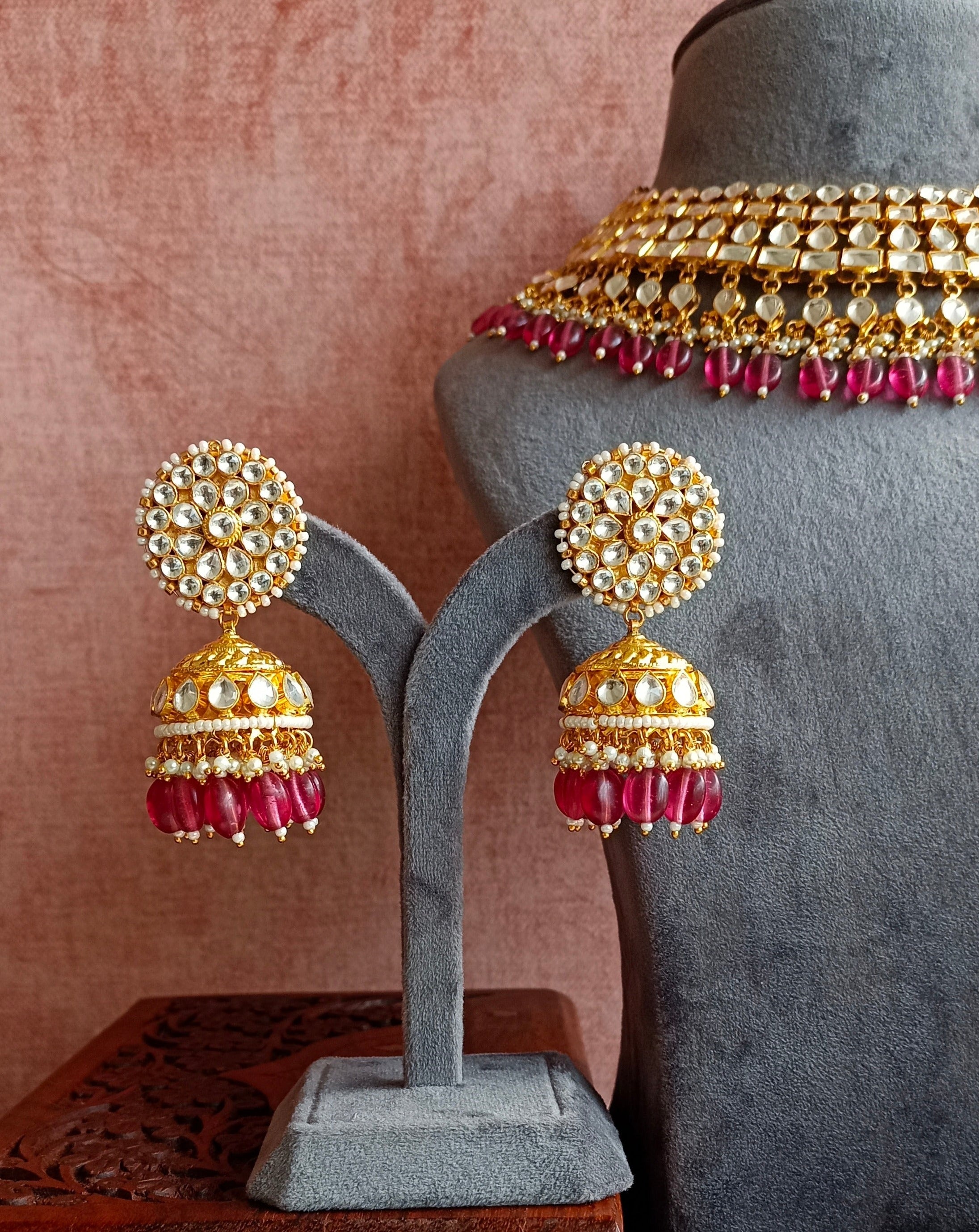 Kundan Gold plated Necklace Set in Pink Drops