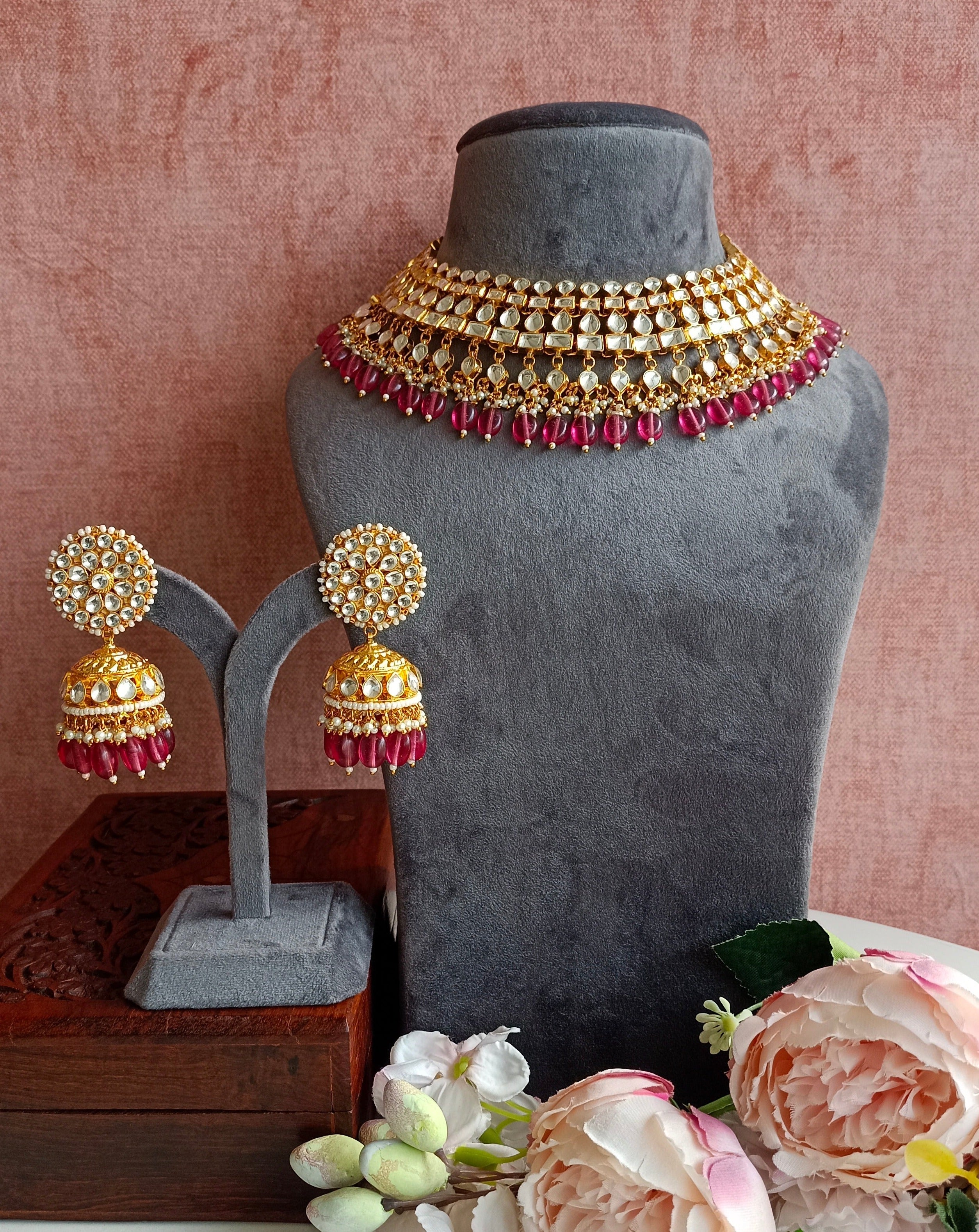 Kundan Gold plated Necklace Set in Pink Drops