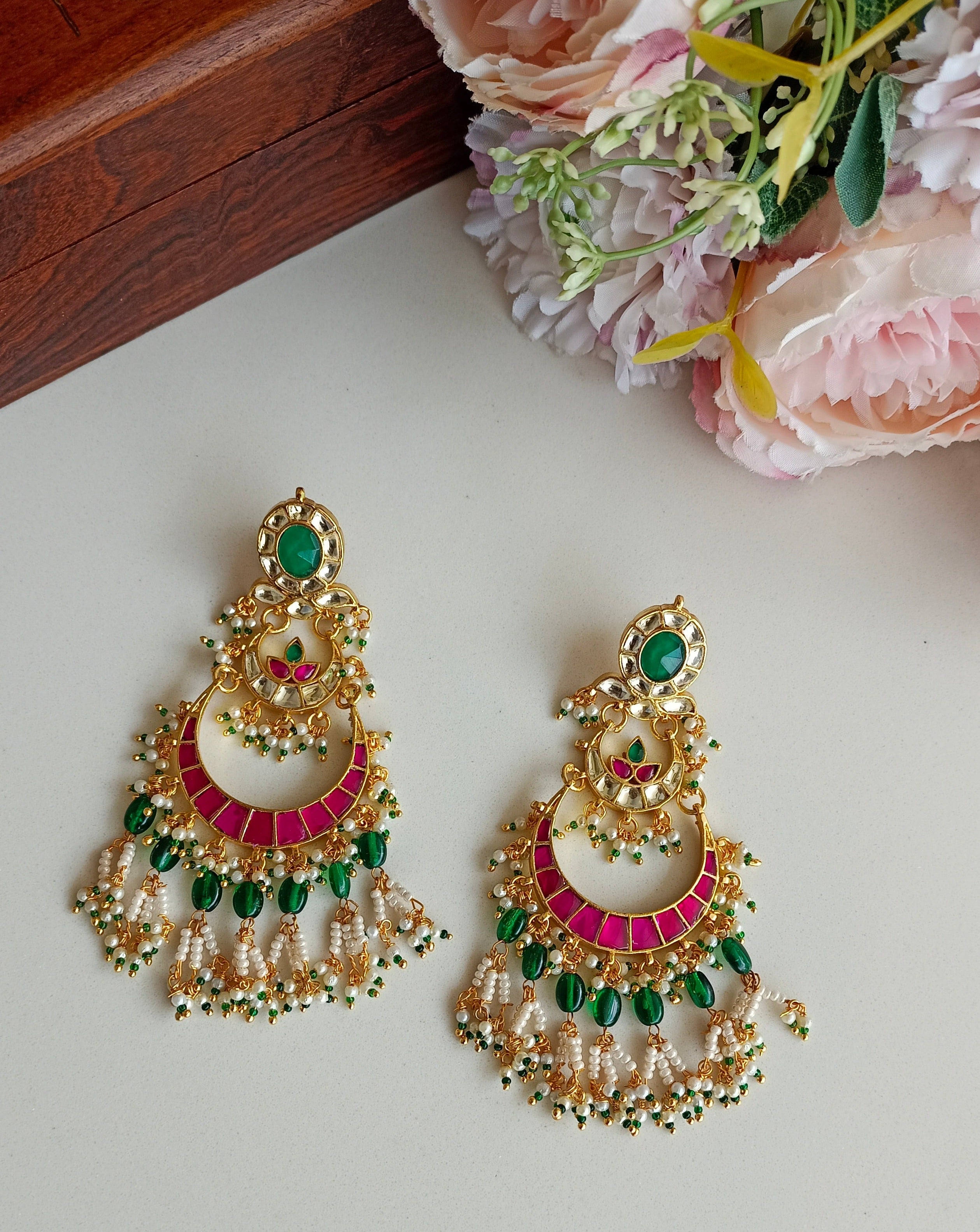 Gold Plated Pink and Green Kundan Earring