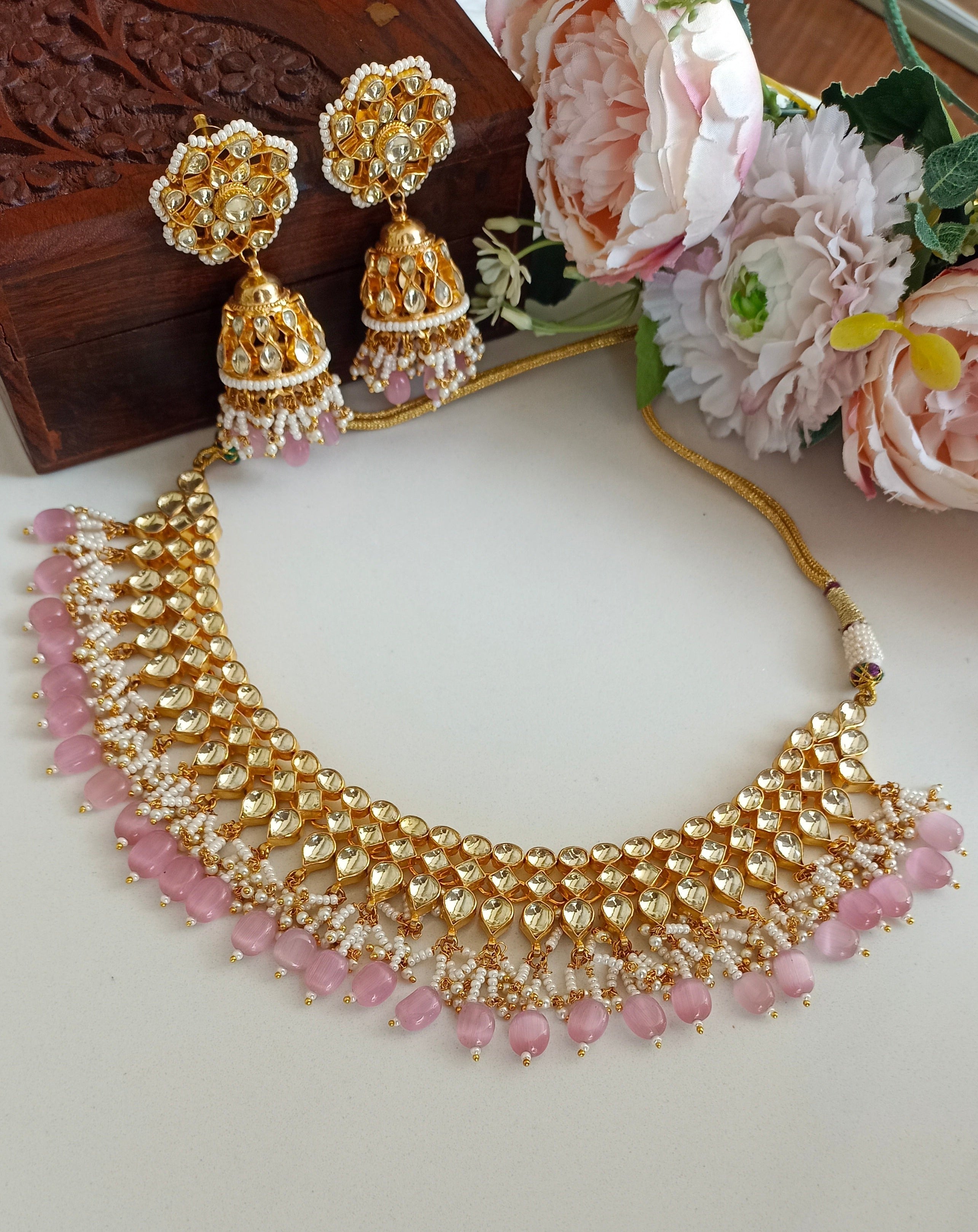 Kundan Gold plated Necklace set in pink drops