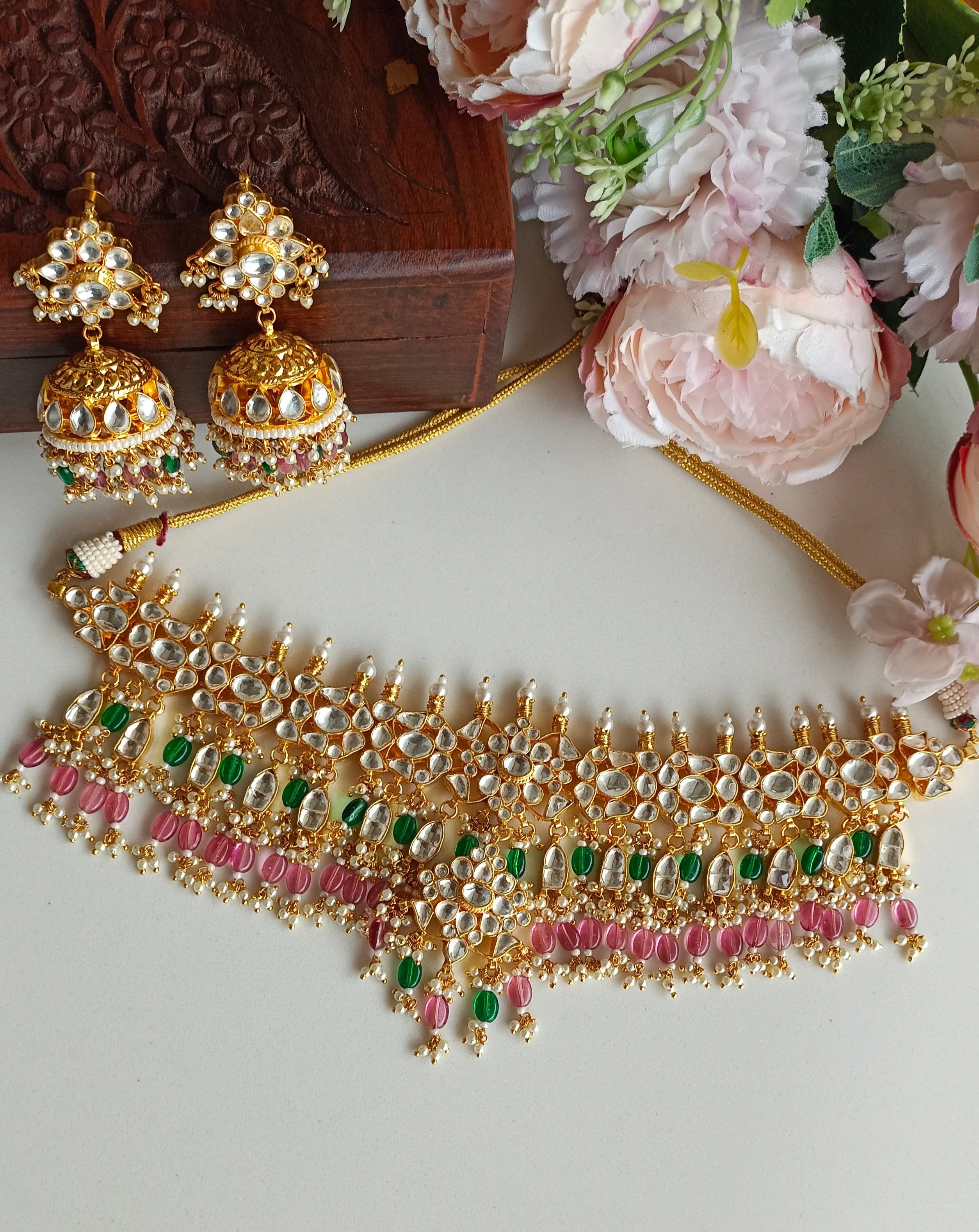 kundan Bridal Necklsce set with pink and green beads