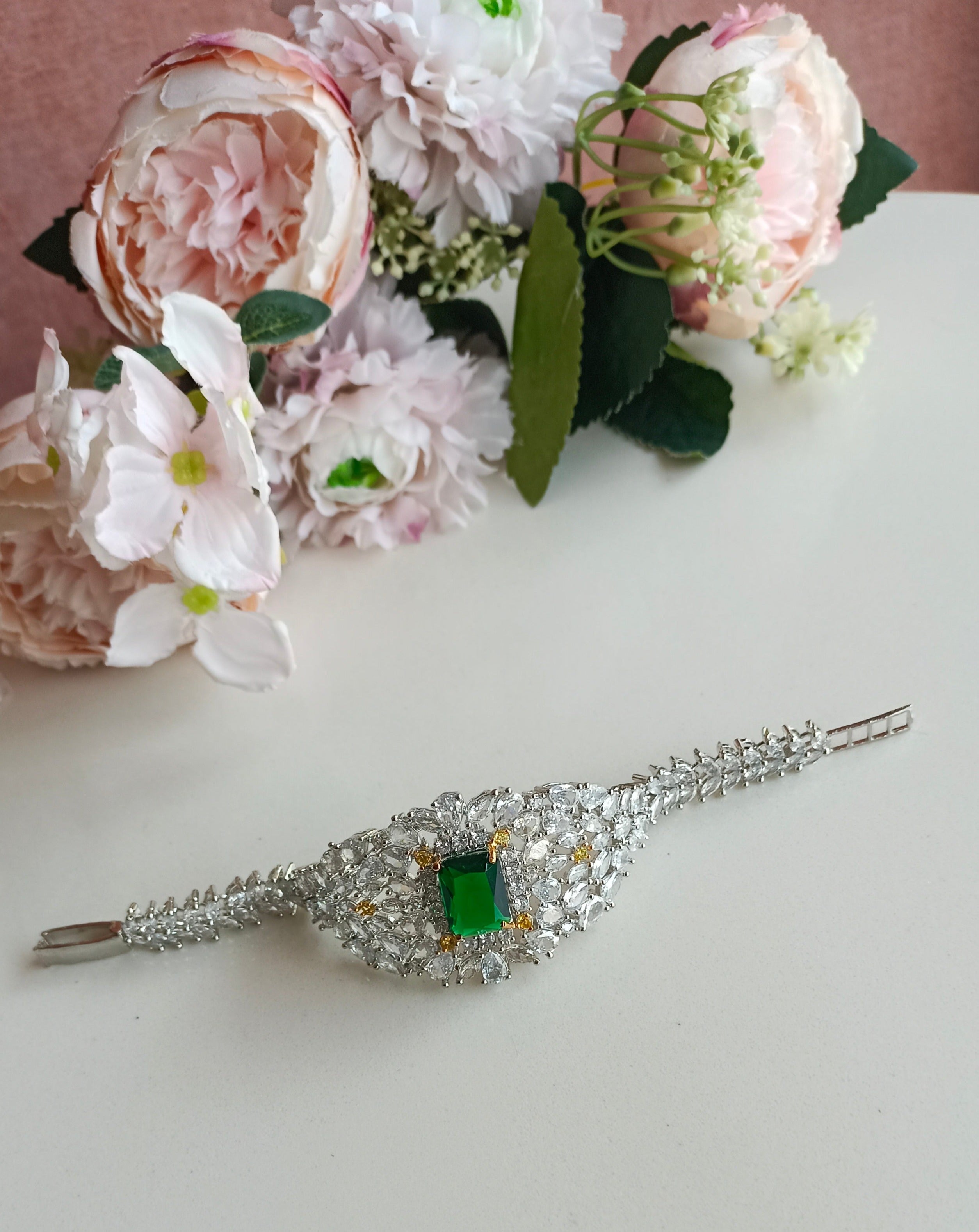Silver Plated Emerald Diamond Bracelet