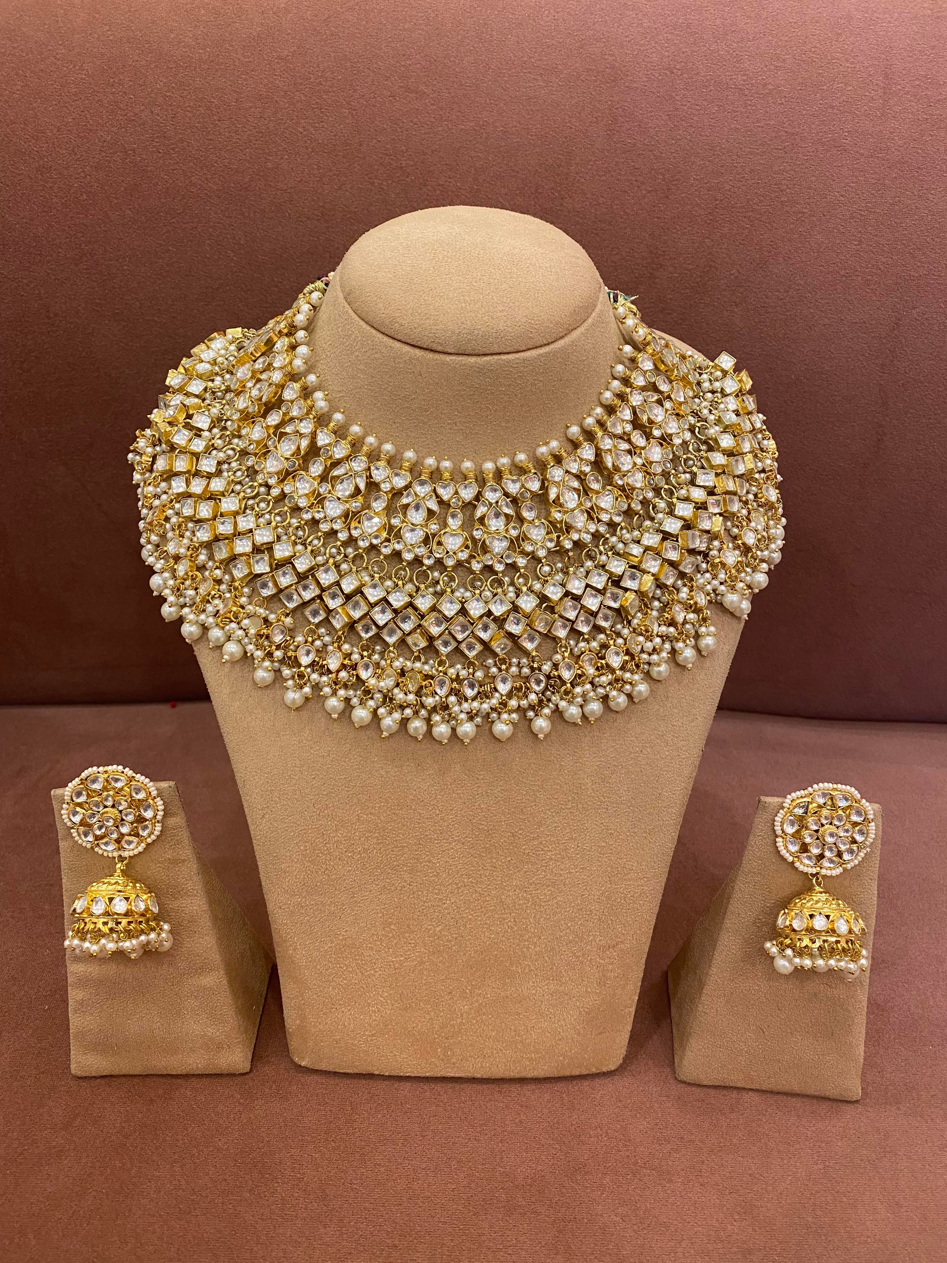 Gold Plated Bridal Kundan necklace set with pearl drops