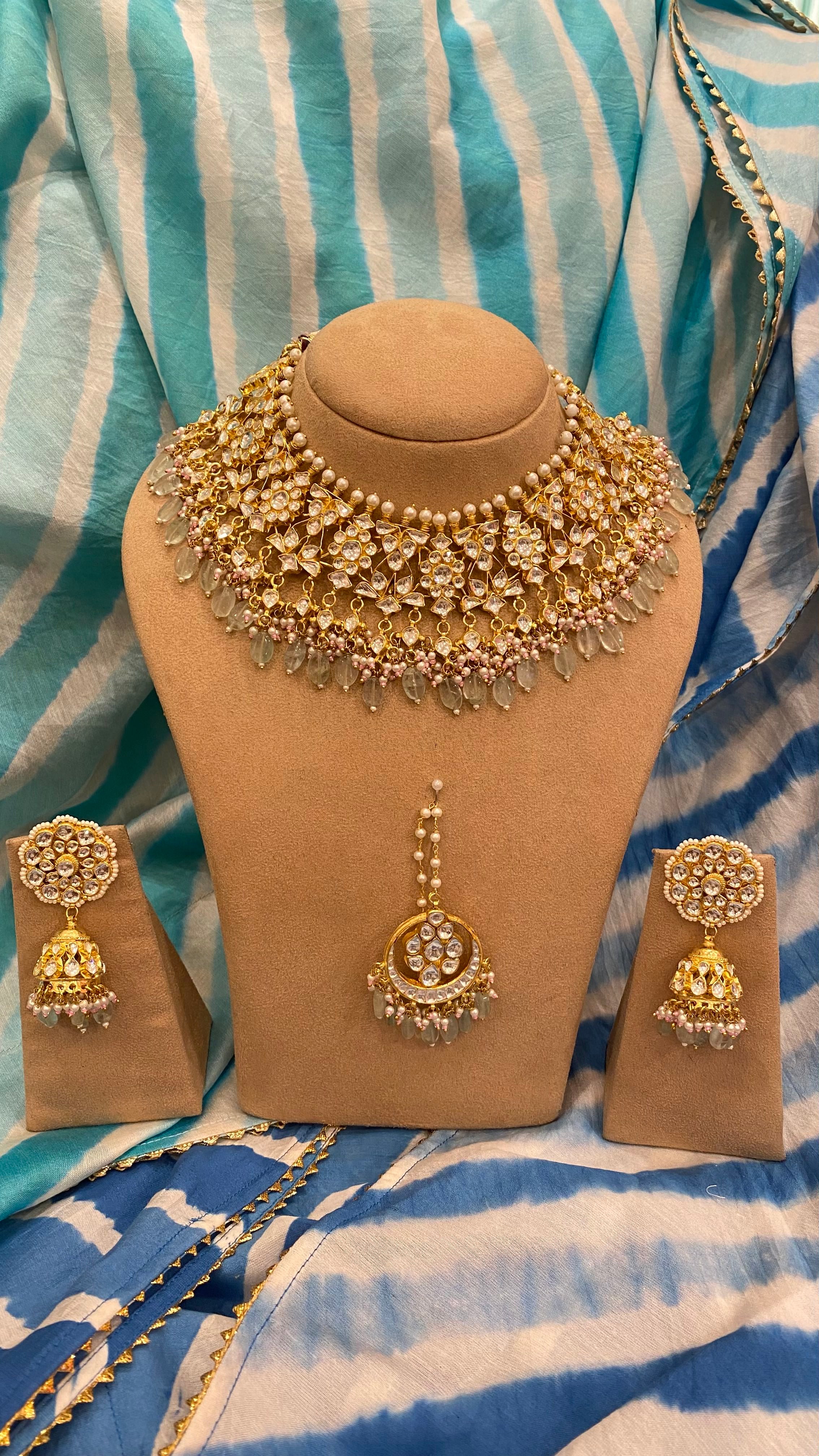 Kundan Bridal necklace set with mint drops