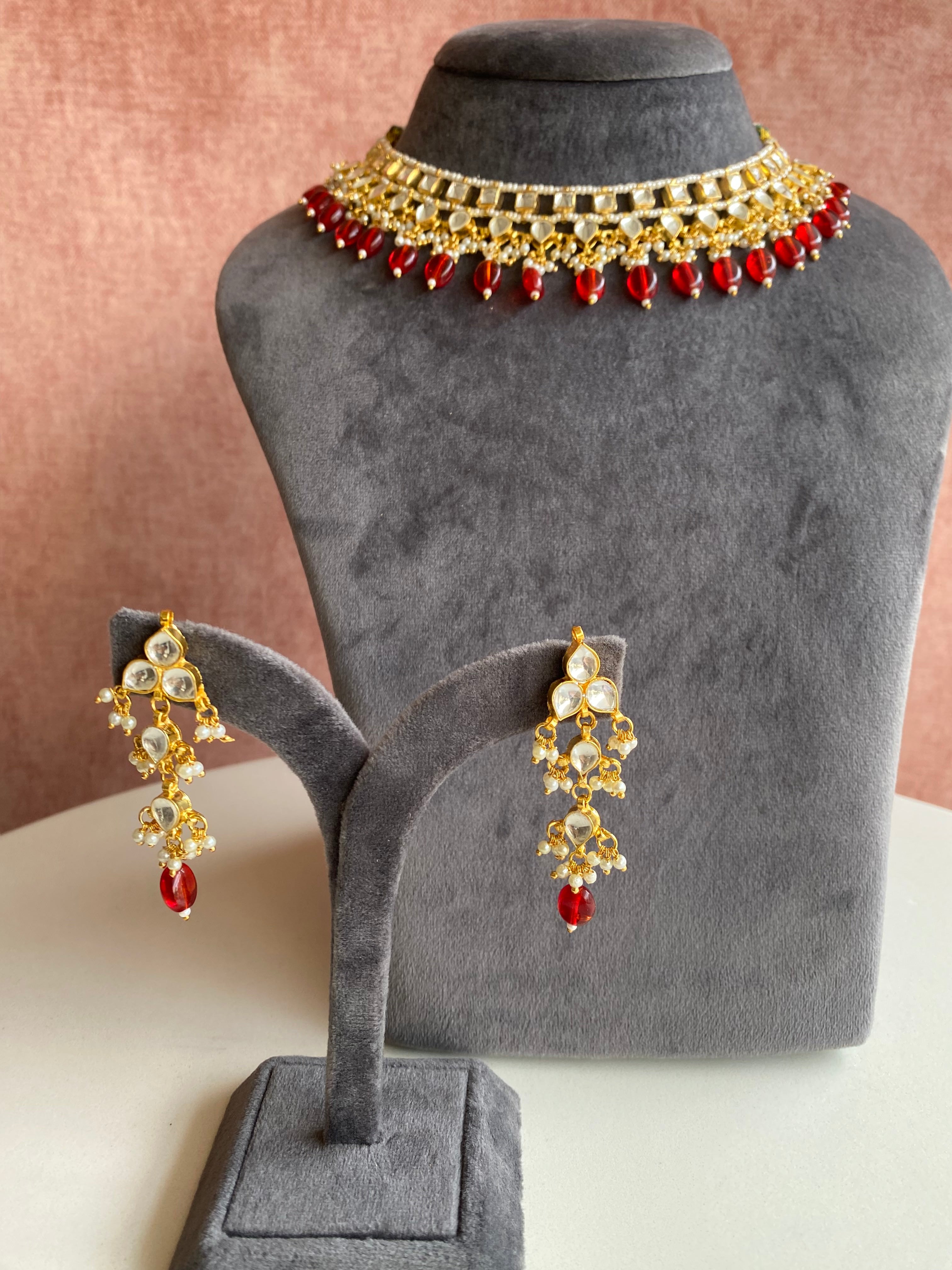 Kundan Gold plated Necklace Set With Red Drops