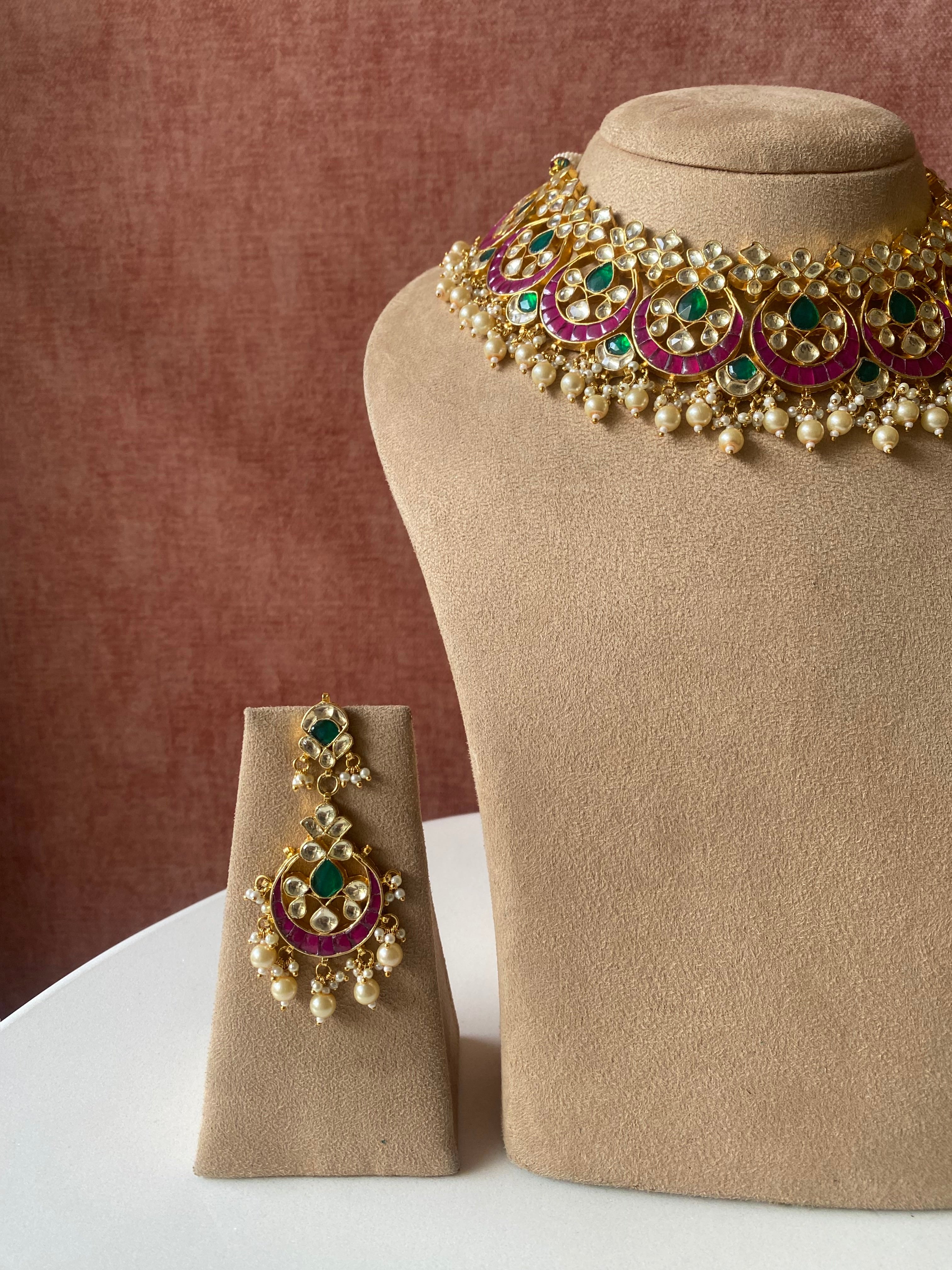 Gold Plated Pink and green kundan necklace set