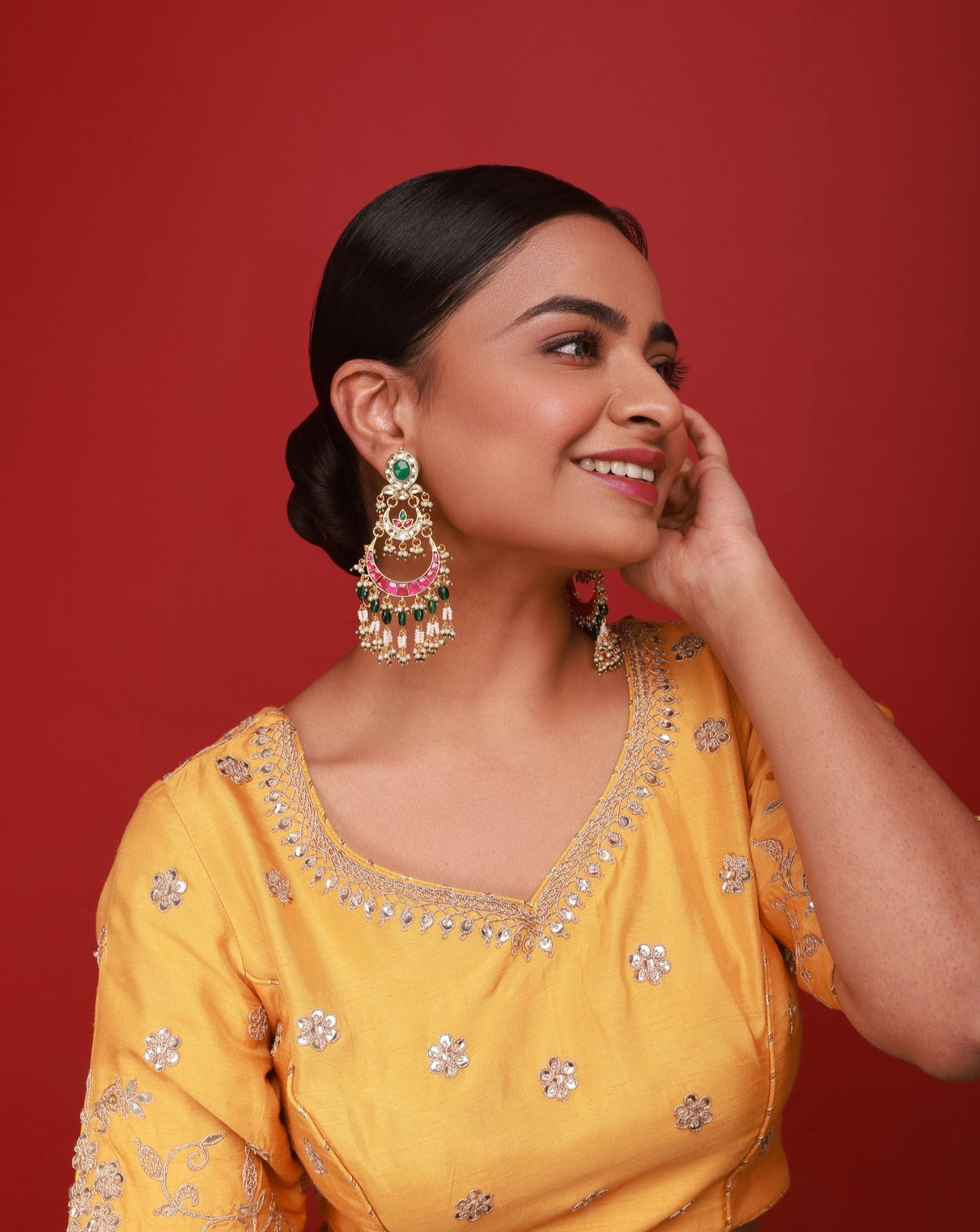 Gold Plated Pink and Green Kundan Earring