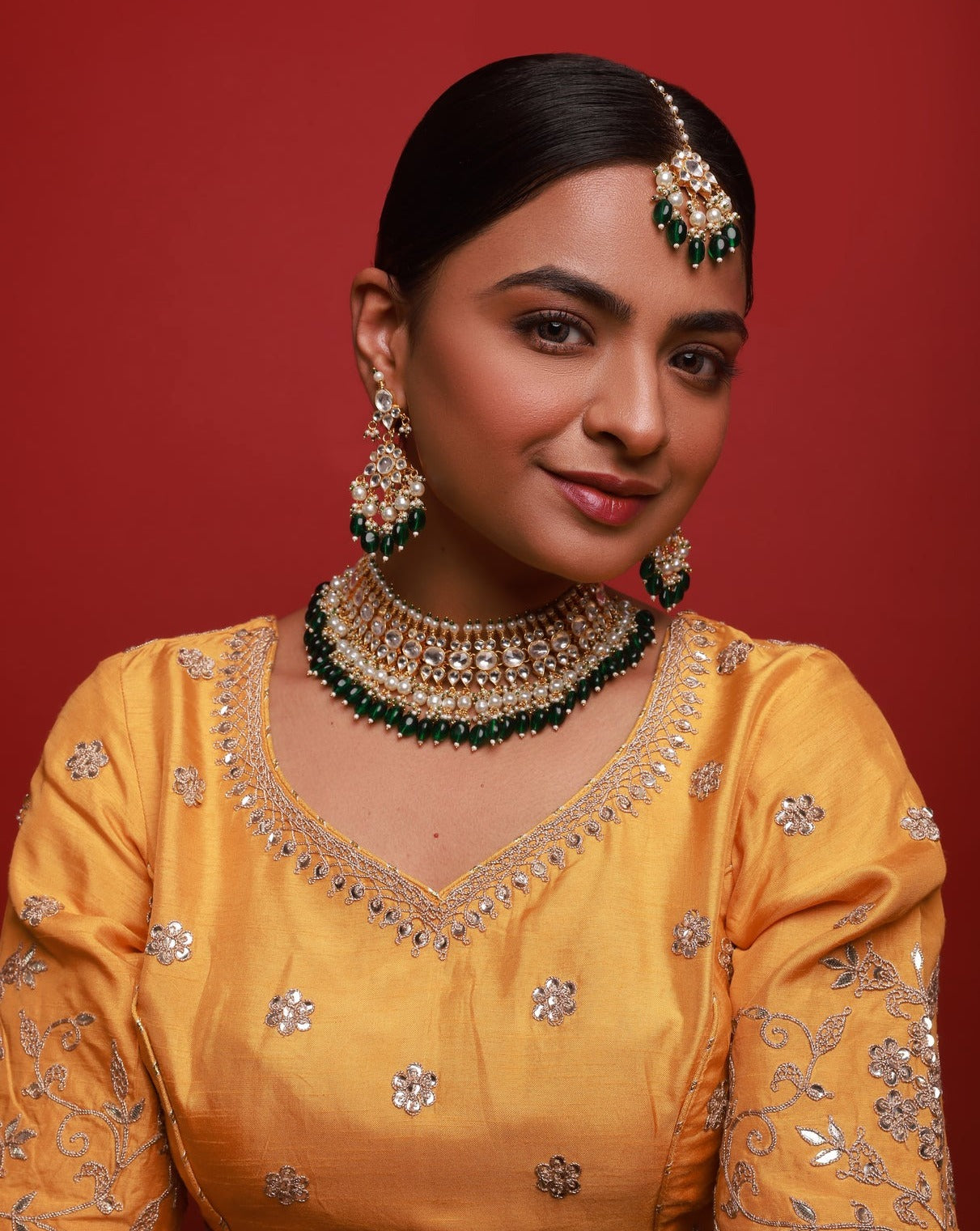 Kundan Bridal necklace set with Green Drops
