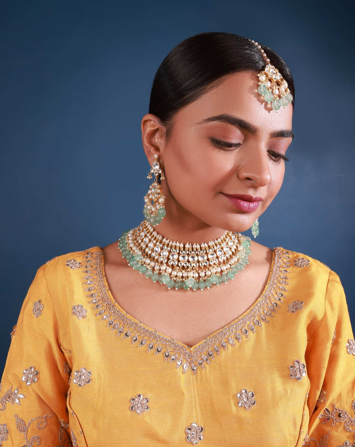 Kundan Gold plated necklace set with mint Drops