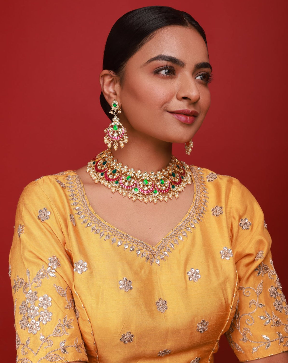 Gold Plated Pink and green kundan necklace set
