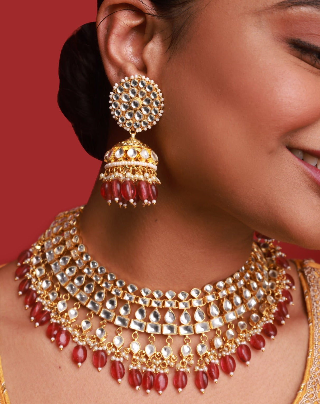 Kundan Gold plated Necklace Set in Pink Drops