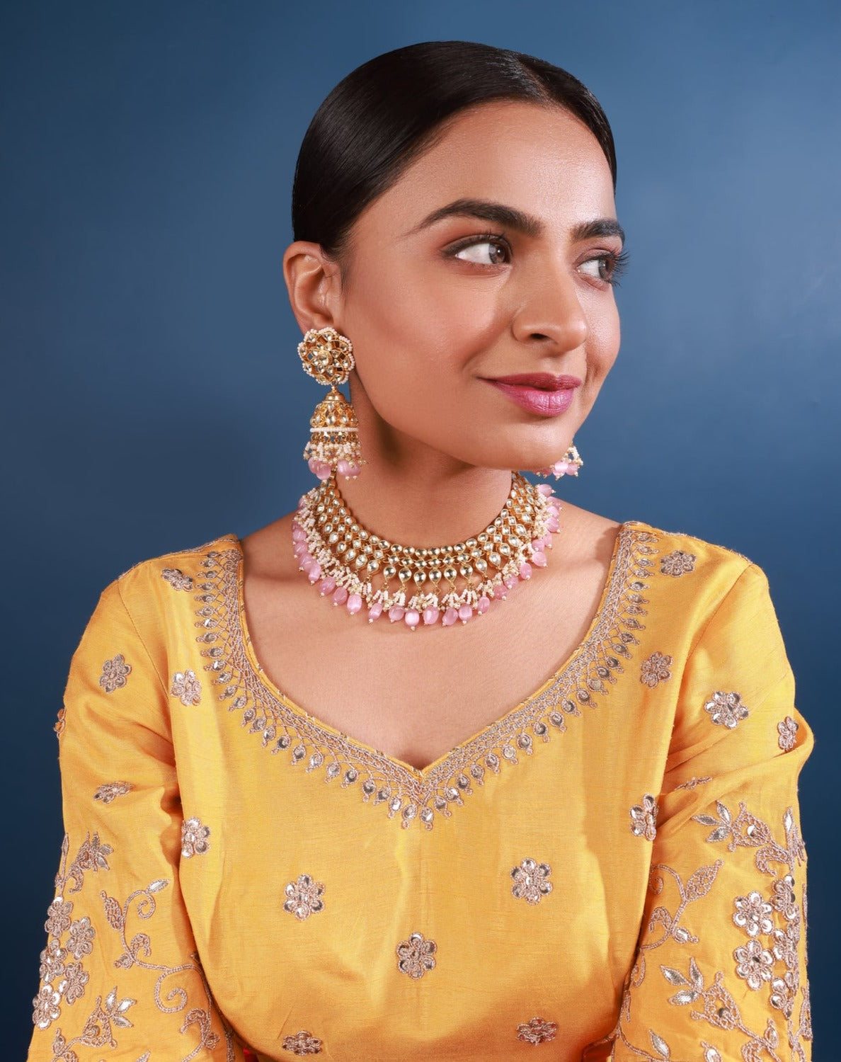 Kundan Gold plated Necklace set in pink drops