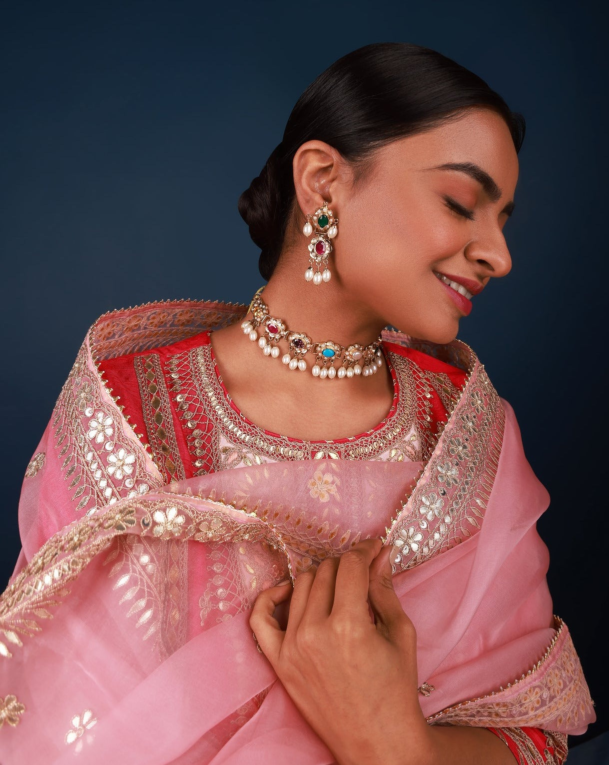 Amritsari Jadau Gold Plated Navrattan Choker Set