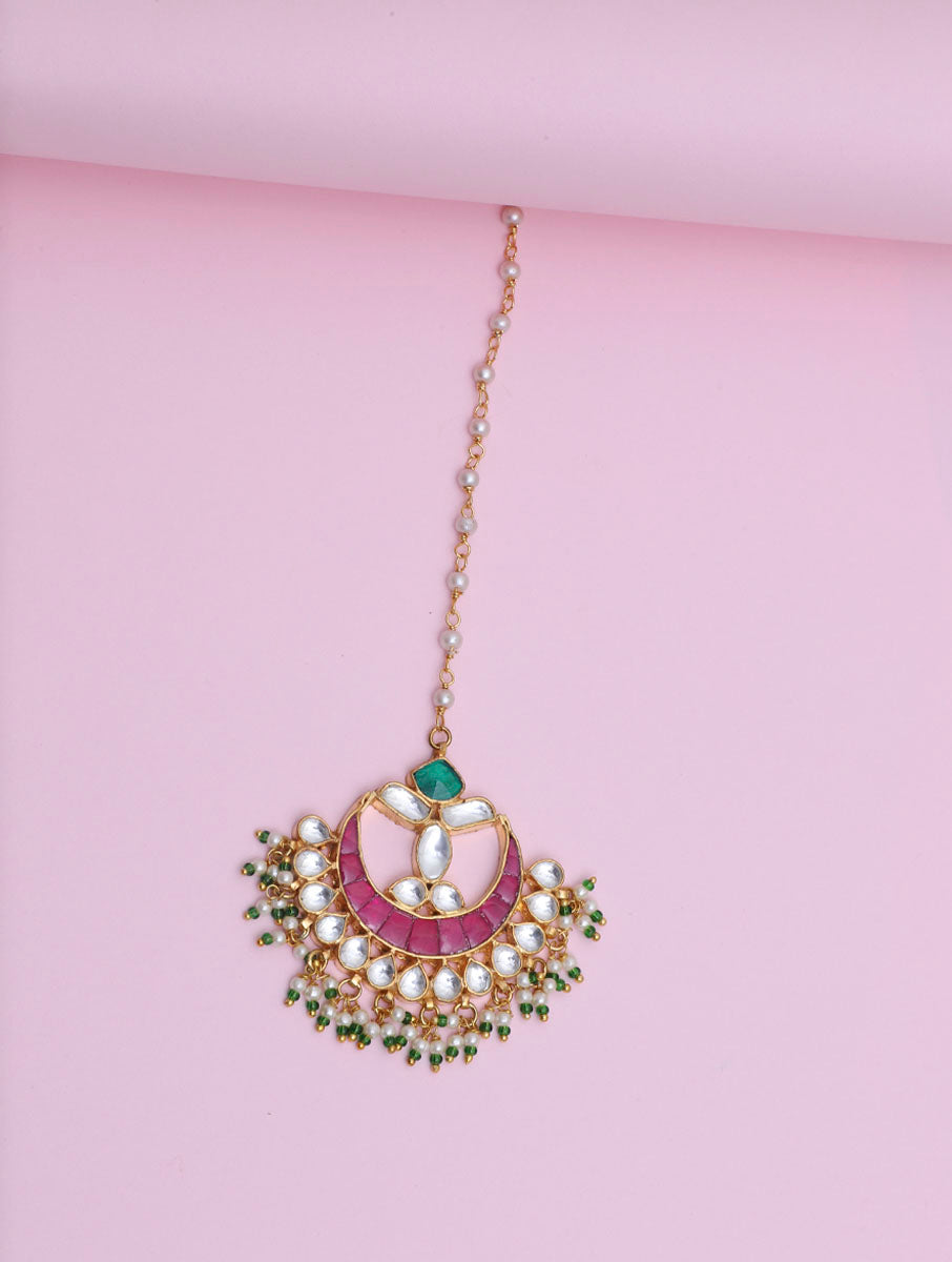 Gold Plated Pink Kundan Tikka