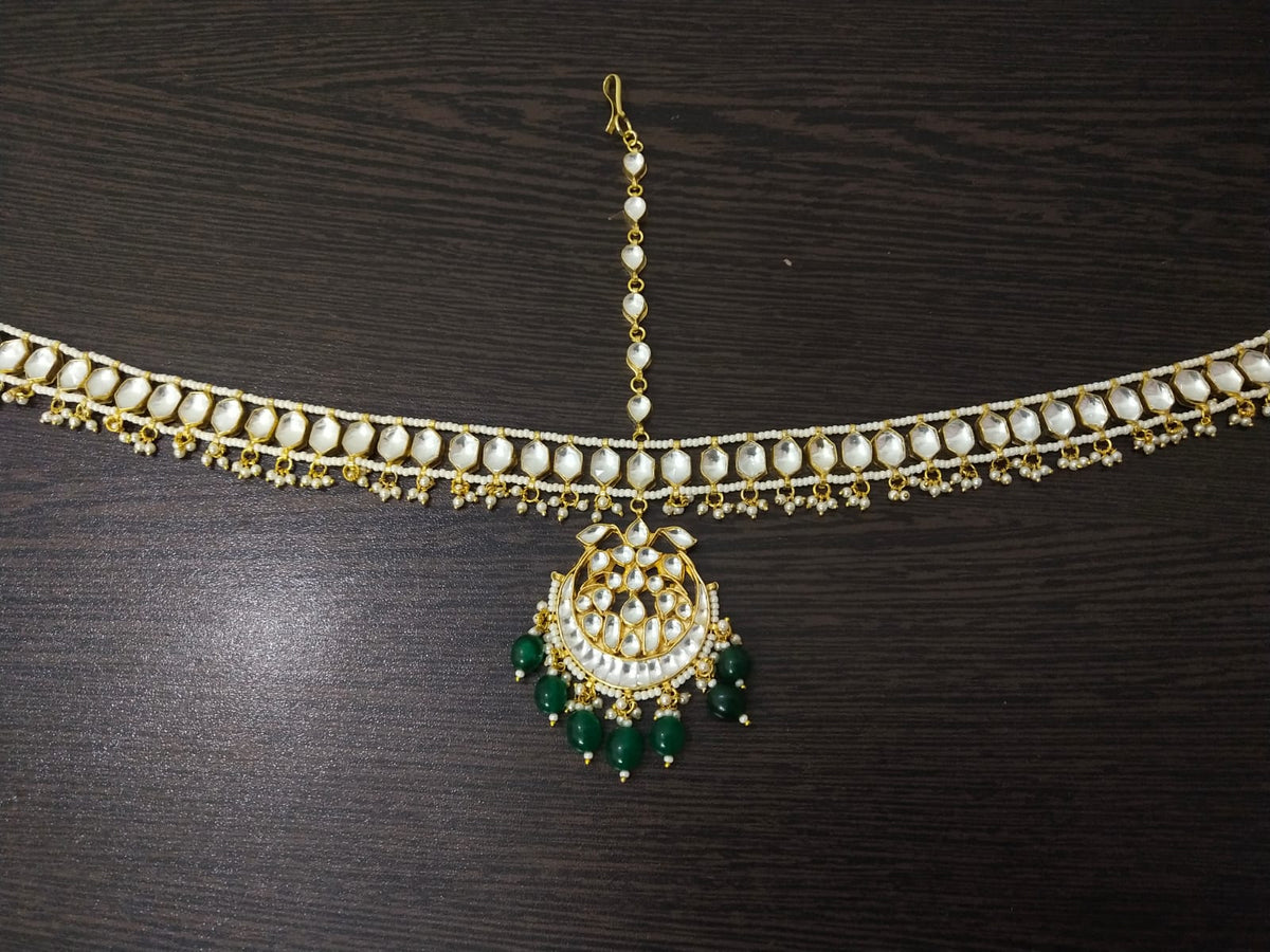 Gold Plated Kundan Mathapatti With Green Drops