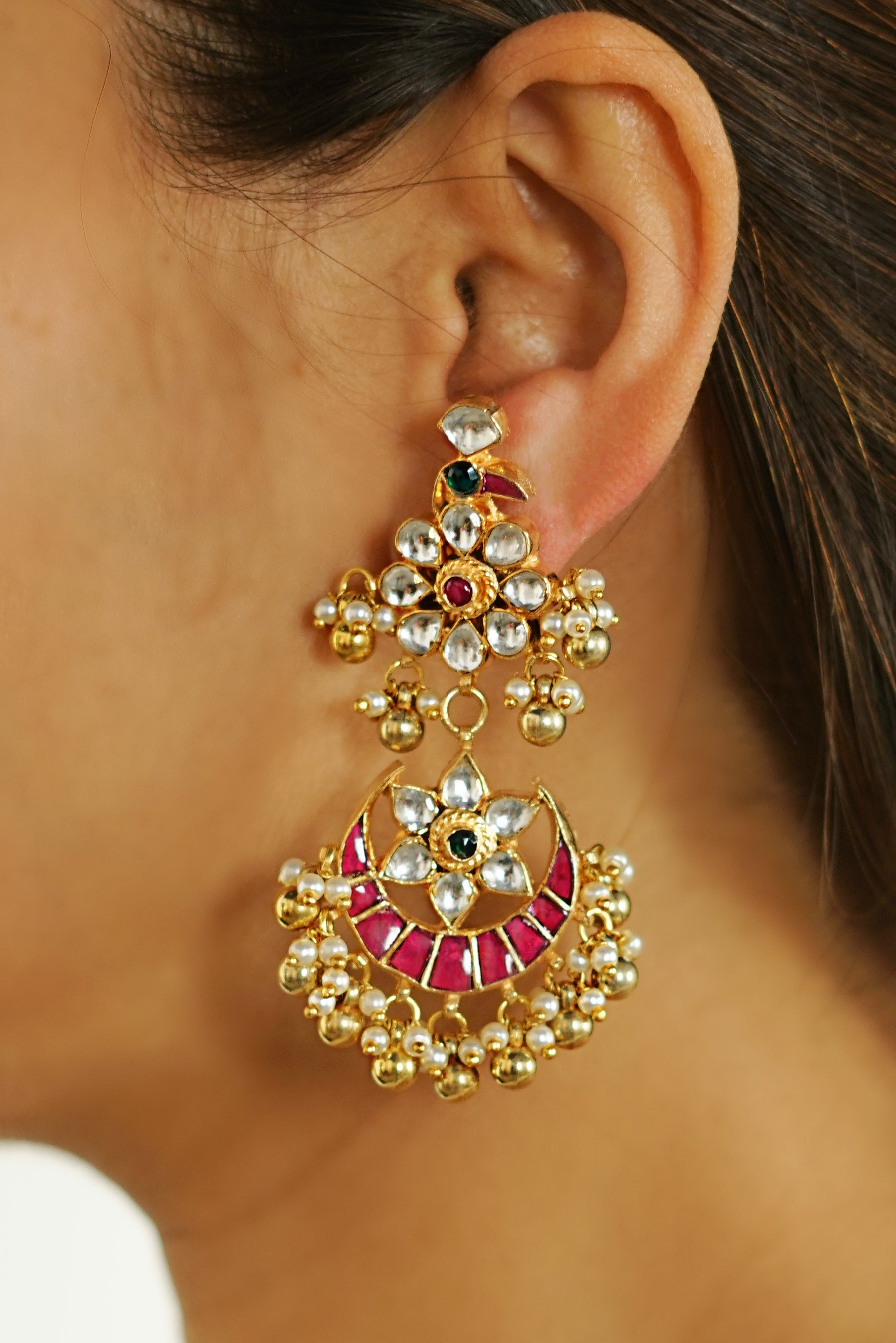 Gold plated Kundan Earring with Pearl Drops