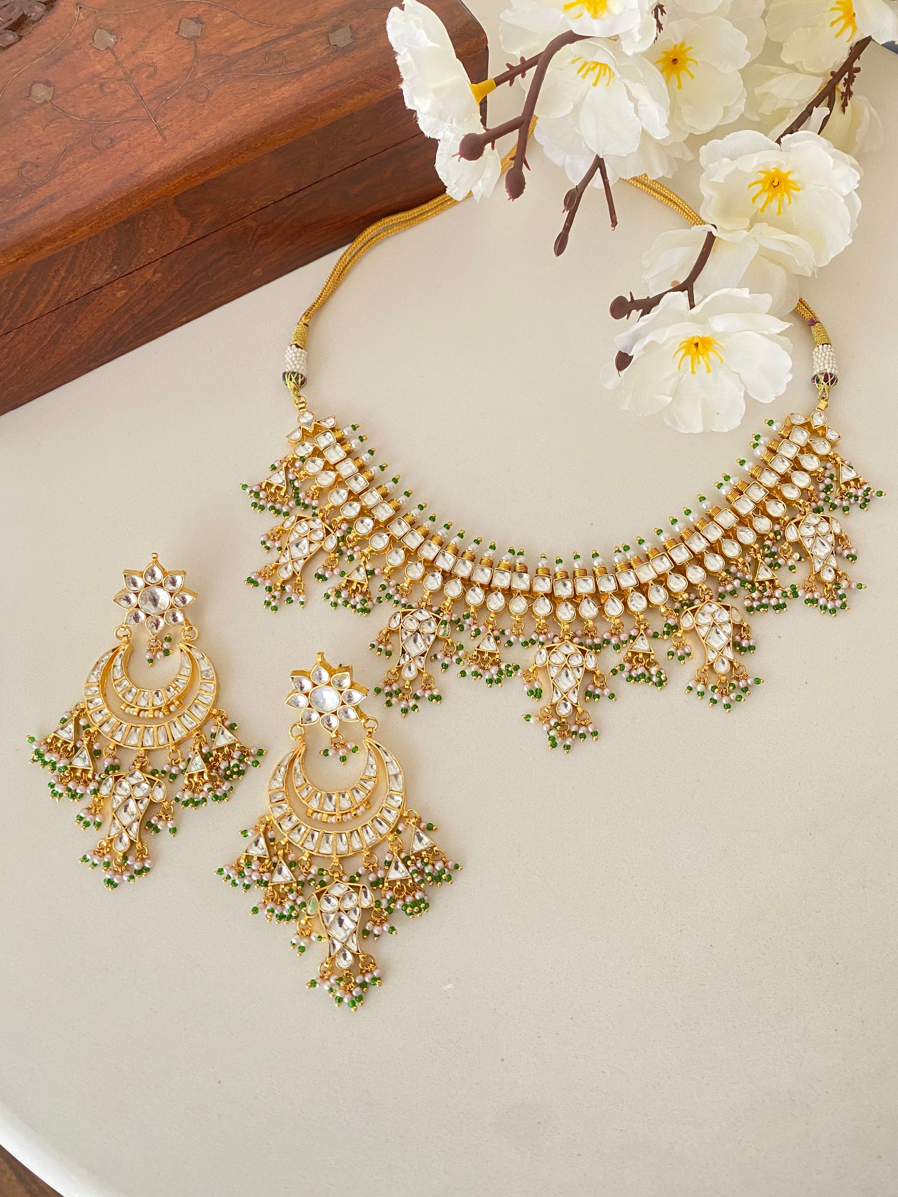 Kundan Gold plated Bridal Necklace Set in mint drops